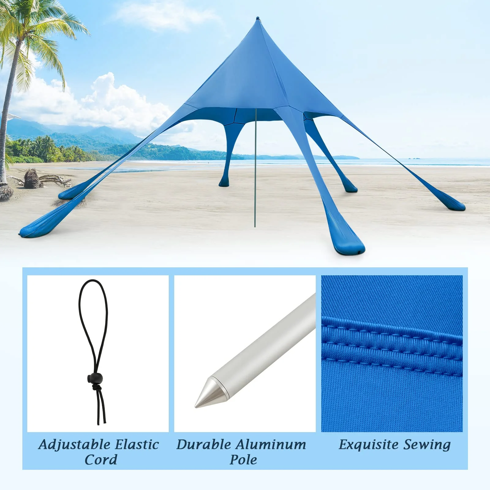 Goplus Beach Canopy, 20 x 20 FT Beach Shade with UPF50+ Sun Protection, Carrying Bag, Sand Shovel, Aluminum Pole, 6 Ground Stake - Image 5
