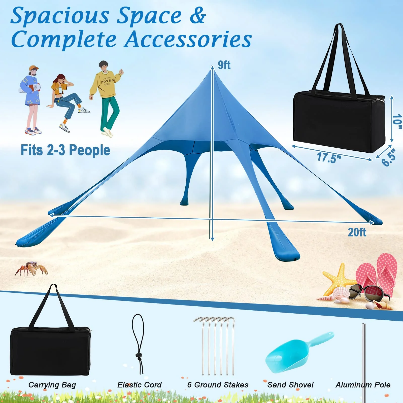 Goplus Beach Canopy, 20 x 20 FT Beach Shade with UPF50+ Sun Protection, Carrying Bag, Sand Shovel, Aluminum Pole, 6 Ground Stake - Image 6