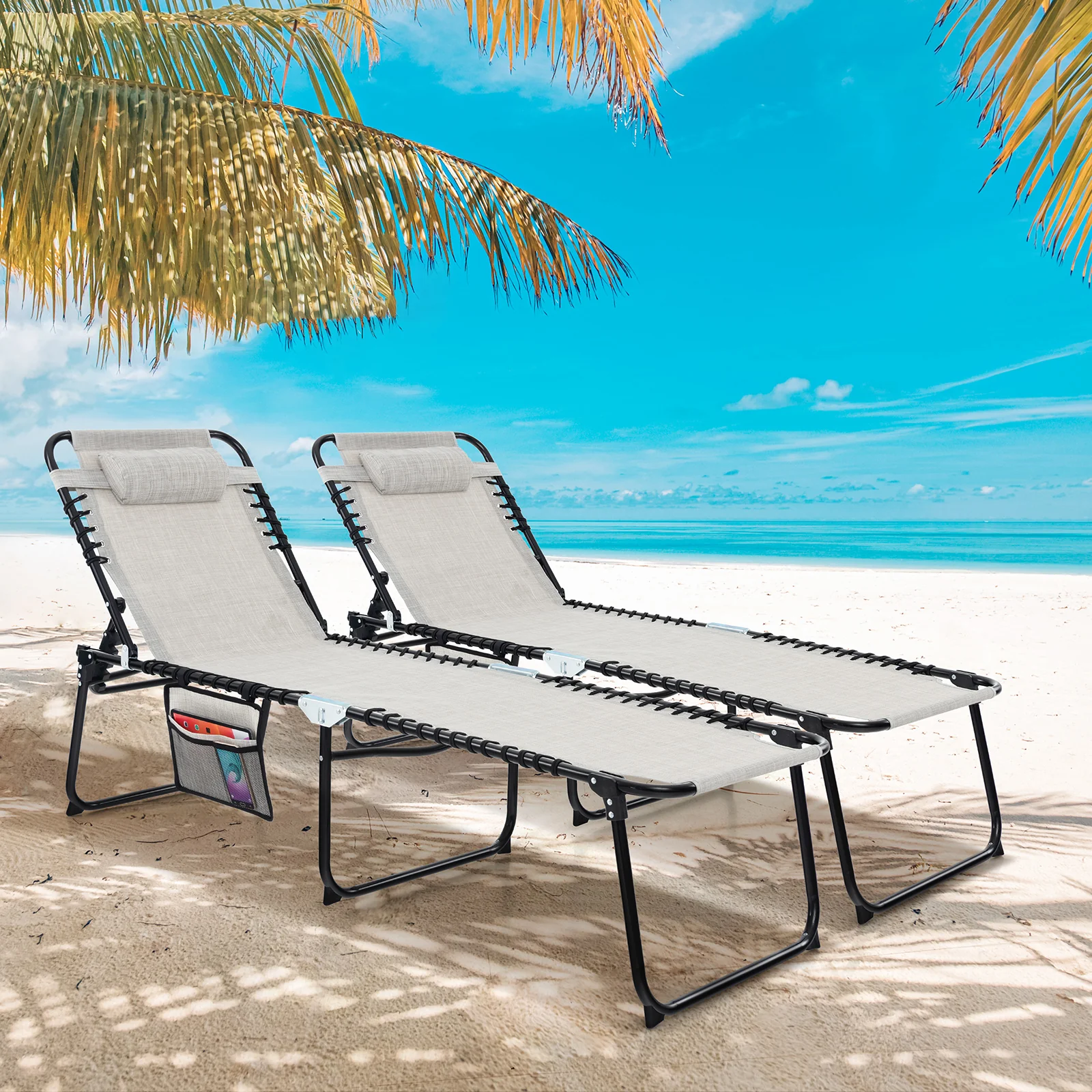 Patio Folding Chaise Lounge, Portable Lay Flat Reclining Chair w/ 4-Level Backrest, Side Pocket & Detachable Headrest - Image 3
