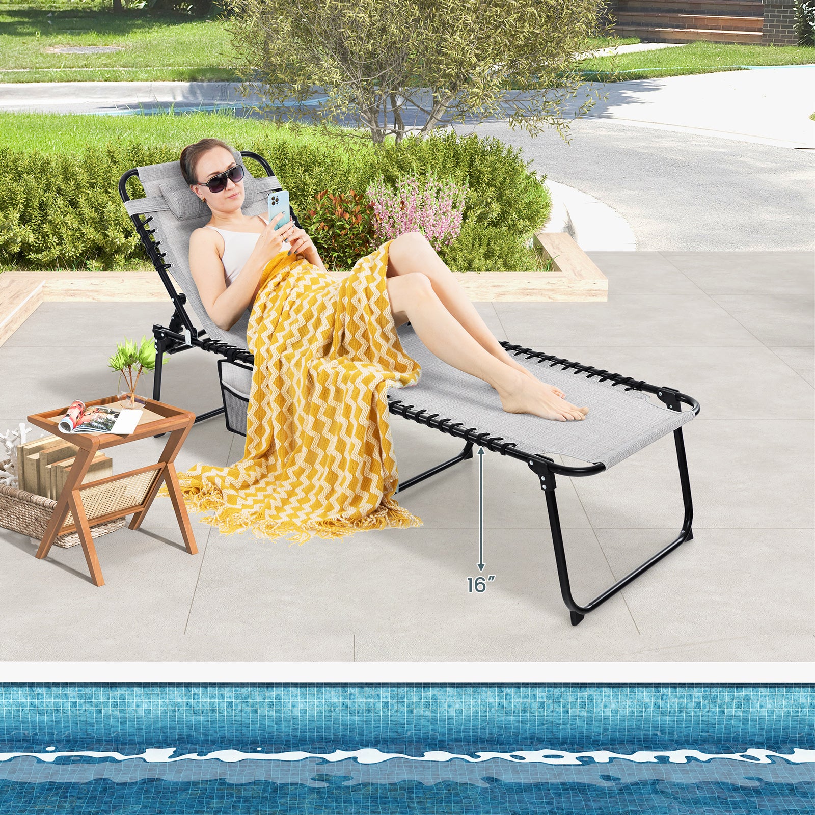 Patio Folding Chaise Lounge, Portable Lay Flat Reclining Chair w/ 4-Level Backrest, Side Pocket & Detachable Headrest - Image 4