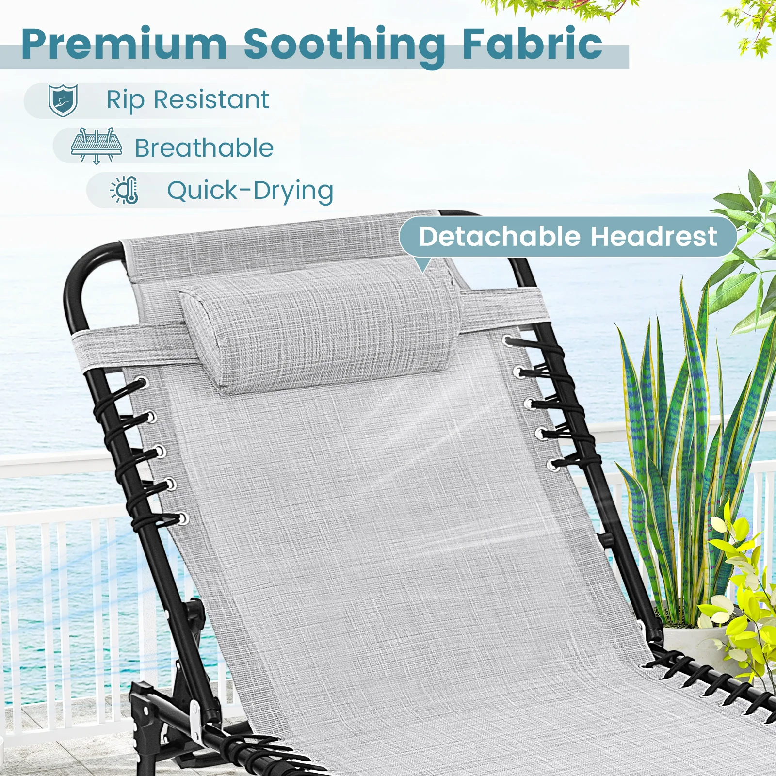 Patio Folding Chaise Lounge, Portable Lay Flat Reclining Chair w/ 4-Level Backrest, Side Pocket & Detachable Headrest - Image 7