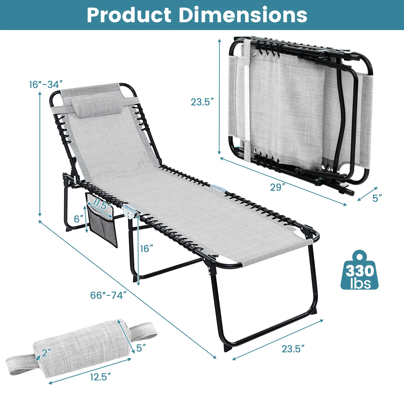 Patio Folding Chaise Lounge, Portable Lay Flat Reclining Chair w/ 4-Level Backrest, Side Pocket & Detachable Headrest - Image 9