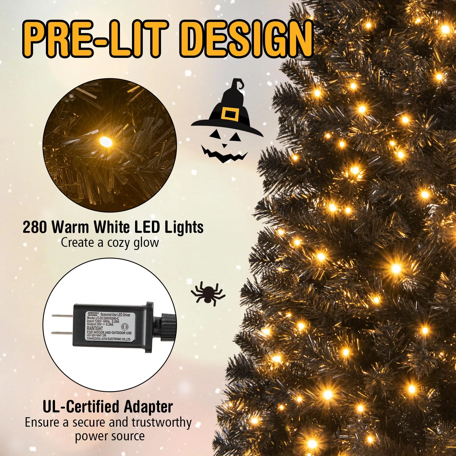 Goplus Black Pencil Christmas Tree, Pre-lit Artificial Halloween Tree - Image 3