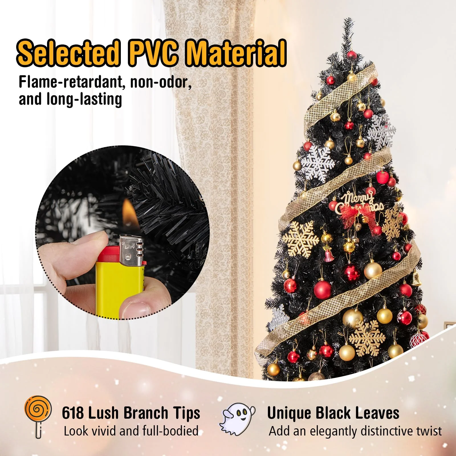 Goplus Black Pencil Christmas Tree, Pre-lit Artificial Halloween Tree - Image 4