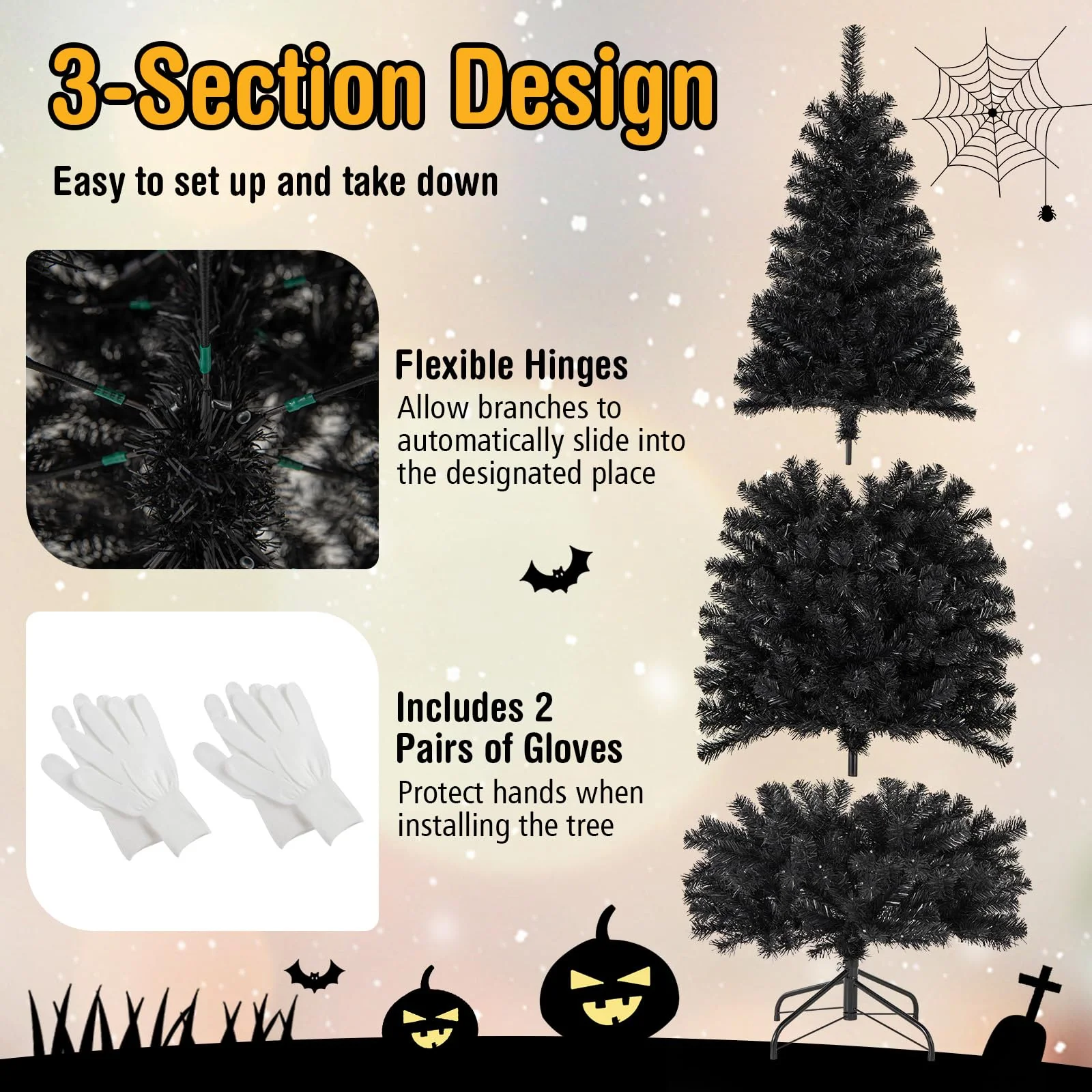 Goplus Black Pencil Christmas Tree, Pre-lit Artificial Halloween Tree - Image 5