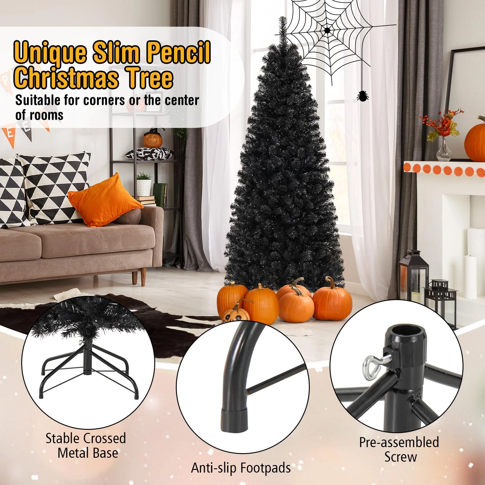 Goplus Black Pencil Christmas Tree, Pre-lit Artificial Halloween Tree - Image 6