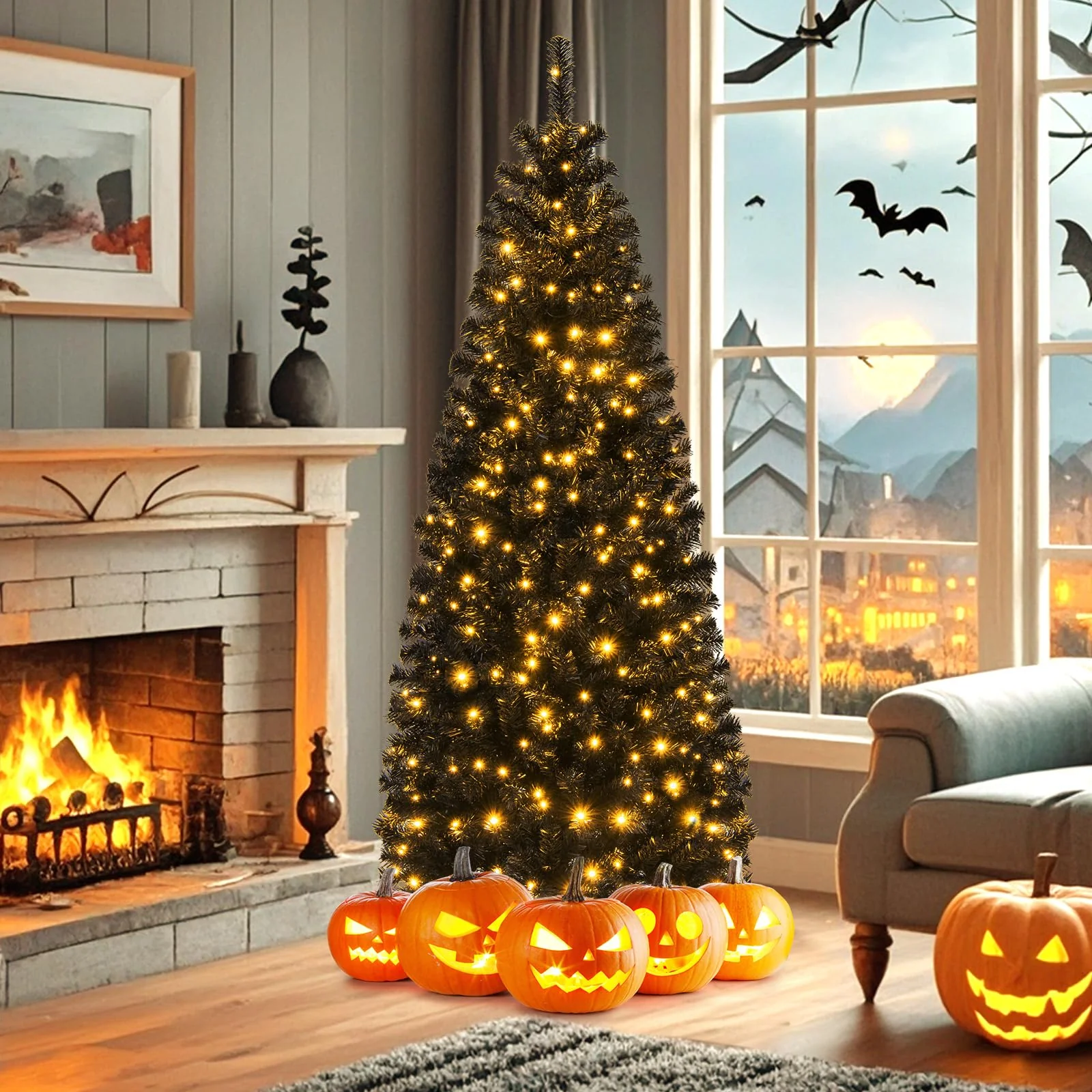 Goplus Black Pencil Christmas Tree, Pre-lit Artificial Halloween Tree - Image 8