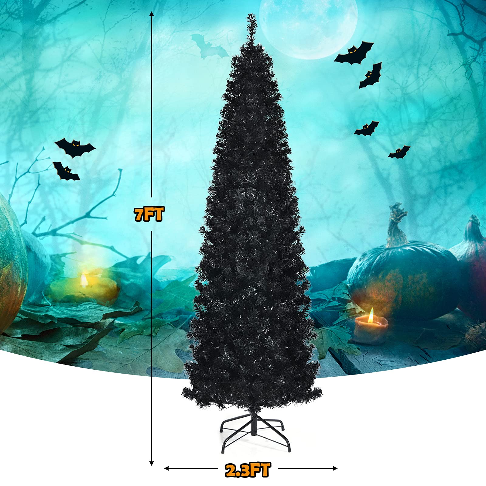 Goplus Black Pencil Christmas Tree, Pre-lit Artificial Halloween Tree - Image 9
