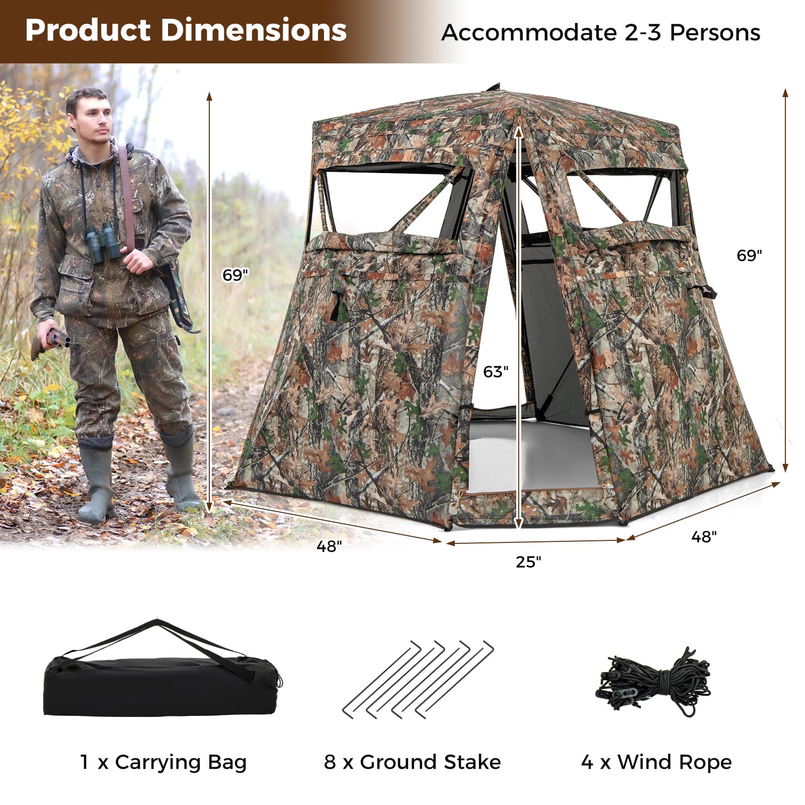 Goplus Camouflage Hunting Blind, One-Way See-Through Hunting Tent w/360° Viewing Range - Image 6
