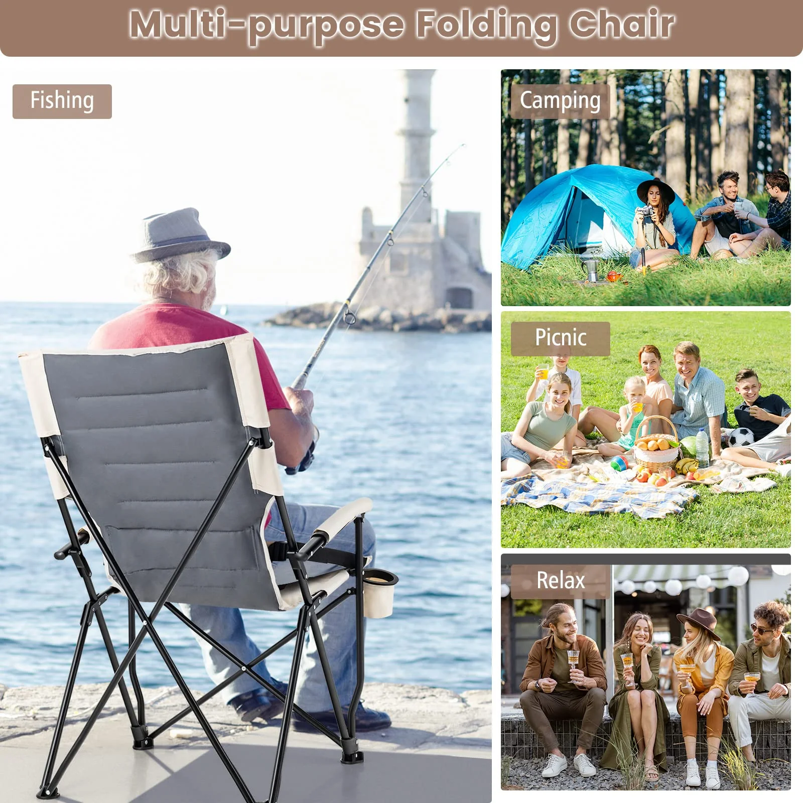 Goplus Camping Chairs, Portable Lumbar Back Beach Chair, Folding Chair for Outside, Fishing, Hiking, Picnic - Image 6