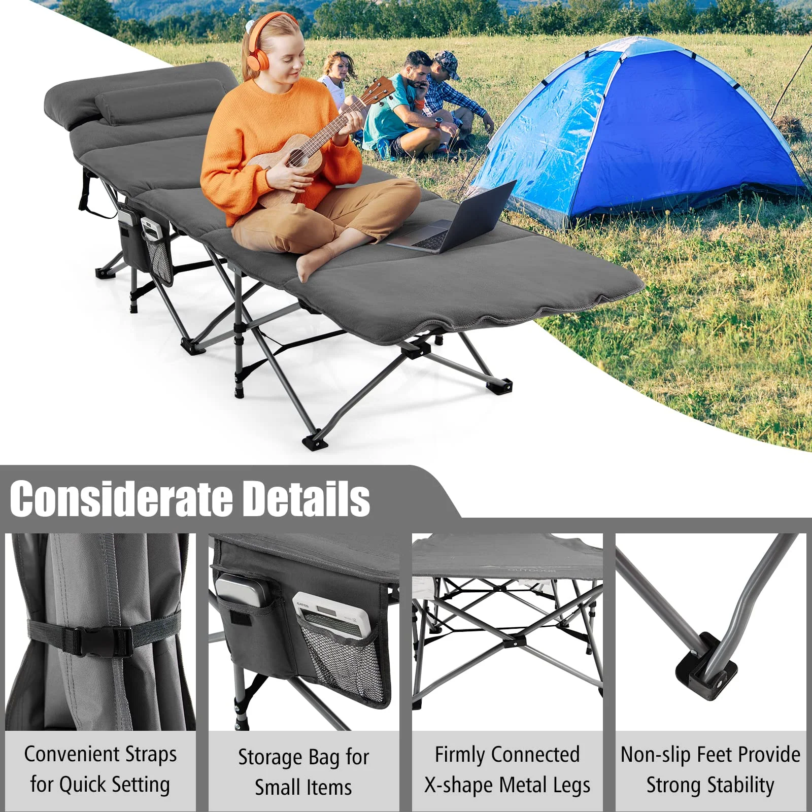 Goplus Camping Cot, Folding Camping Cot with Mattress, Pillow - Image 5