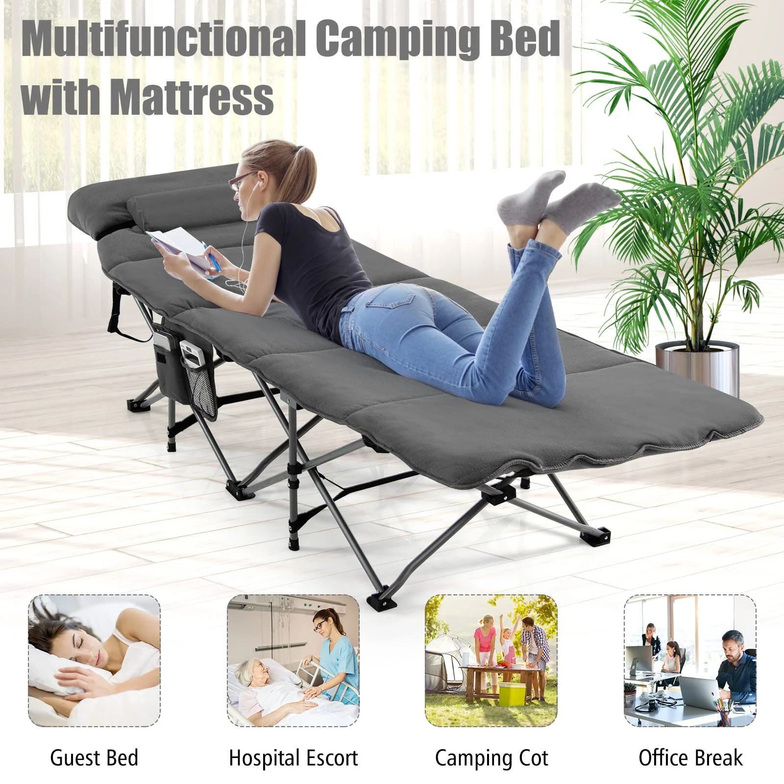 Goplus Camping Cot, Folding Camping Cot with Mattress, Pillow - Image 6