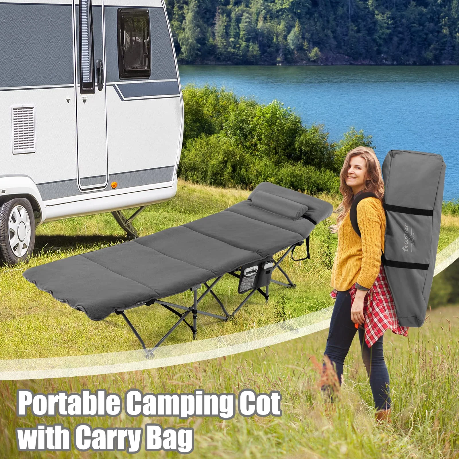 Goplus Camping Cot, Folding Camping Cot with Mattress, Pillow - Image 7