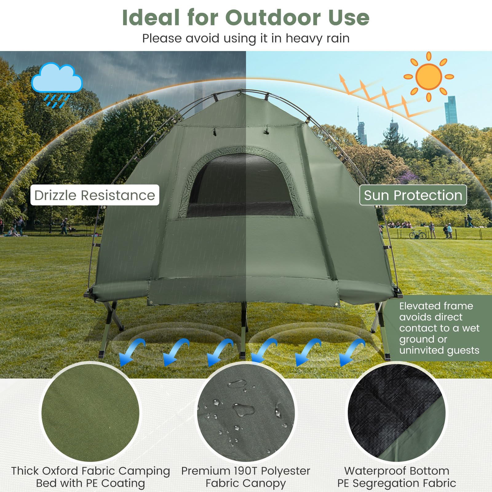 Goplus Camping Tent Cot, 5-in-1 Folding Camping Bed with Air Mattress, Pillow, Sleeping Bag, Waterproof Elevated Tent Shelter - Image 3