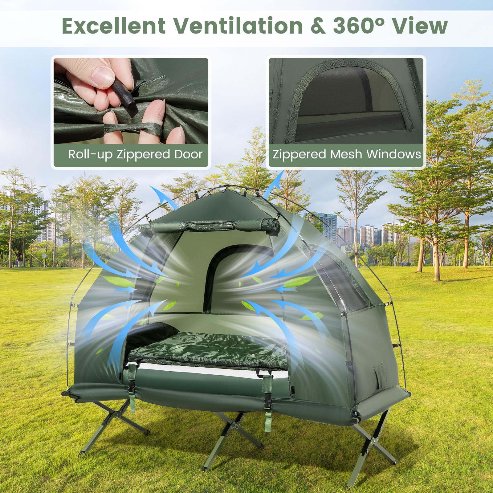 Goplus Camping Tent Cot, 5-in-1 Folding Camping Bed with Air Mattress, Pillow, Sleeping Bag, Waterproof Elevated Tent Shelter - Image 4