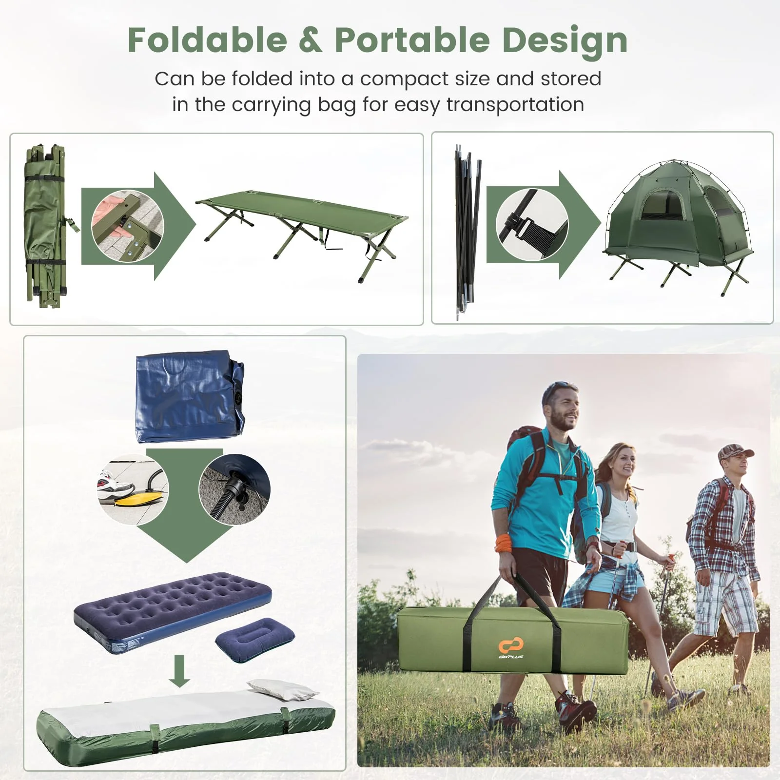 Goplus Camping Tent Cot, 5-in-1 Folding Camping Bed with Air Mattress, Pillow, Sleeping Bag, Waterproof Elevated Tent Shelter - Image 9