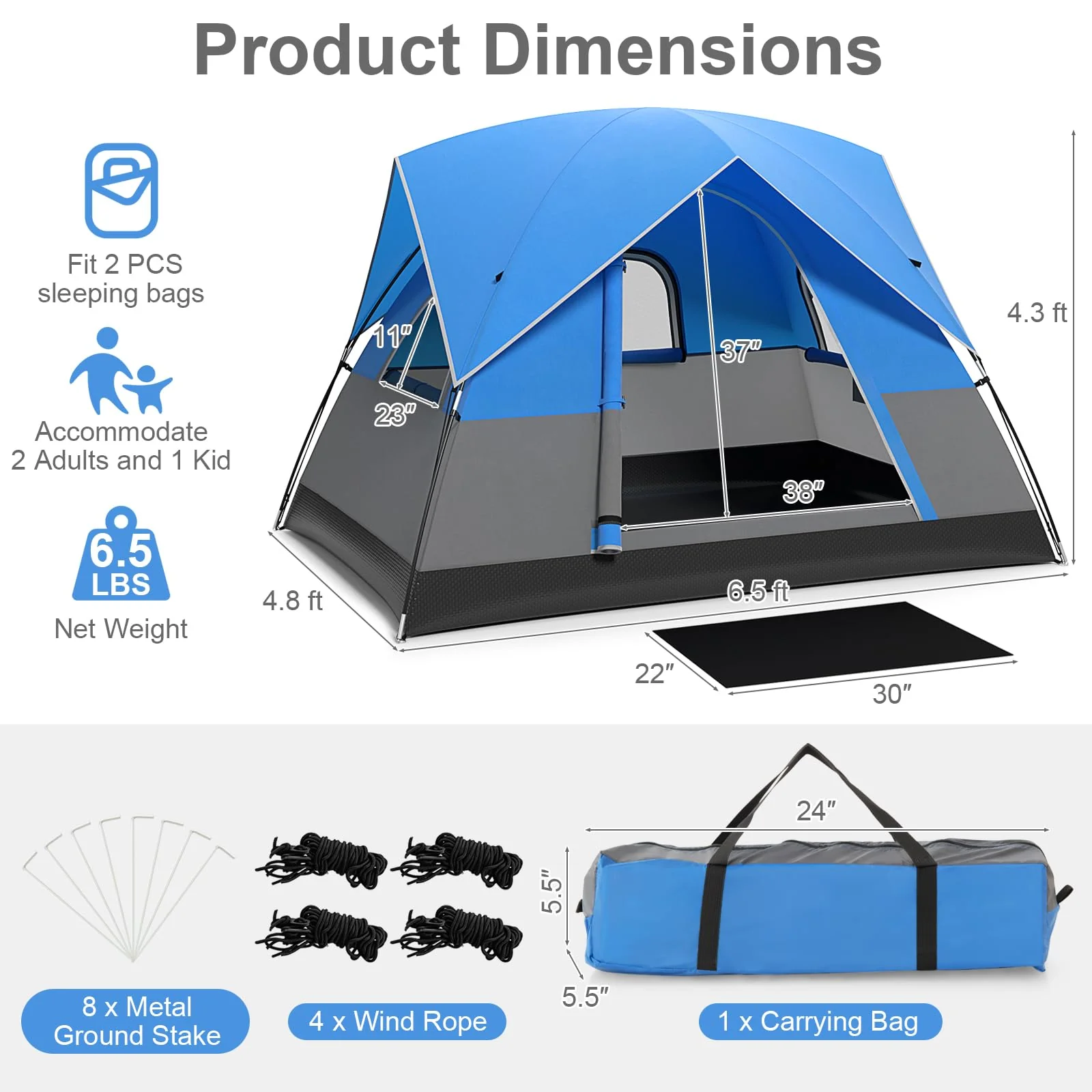 Goplus Camping Tent for 2-3 People, Waterproof & Windproof Family Dome Tent w/Removable Rainfly - Image 7