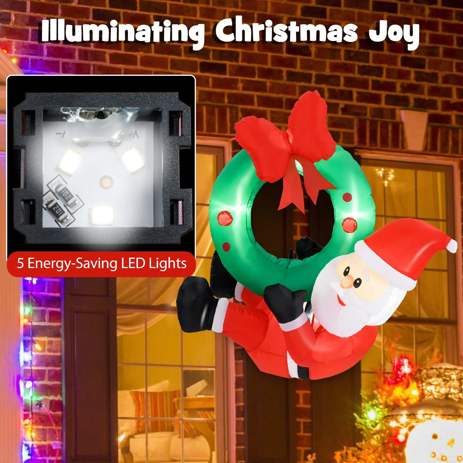 Goplus Christmas Inflatables, 4FT Blow up Santa Claus w/LED Lights & Christmas Wreath - Image 3