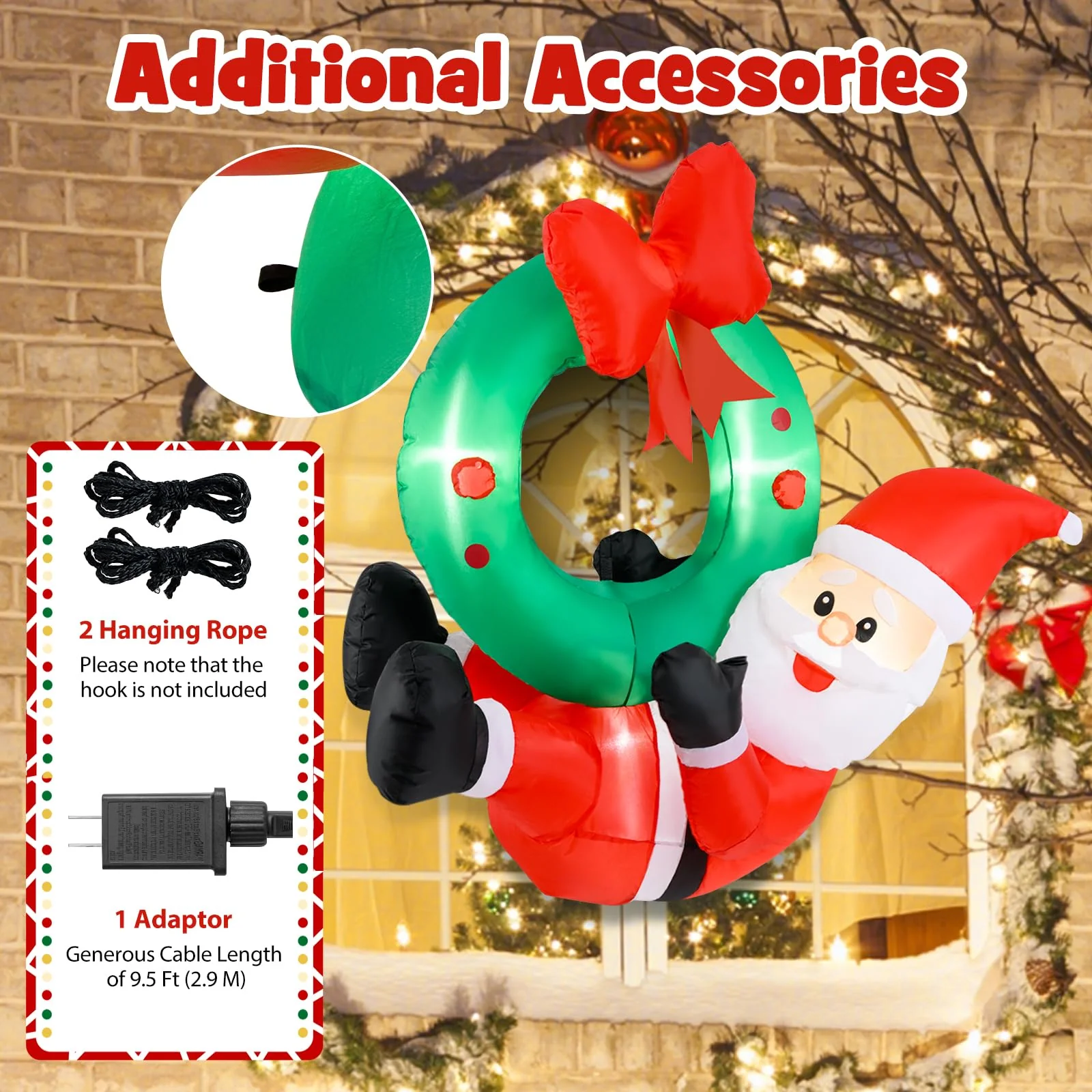 Goplus Christmas Inflatables, 4FT Blow up Santa Claus w/LED Lights & Christmas Wreath - Image 4