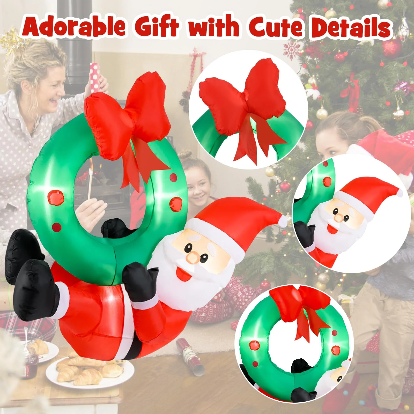 Goplus Christmas Inflatables, 4FT Blow up Santa Claus w/LED Lights & Christmas Wreath - Image 5