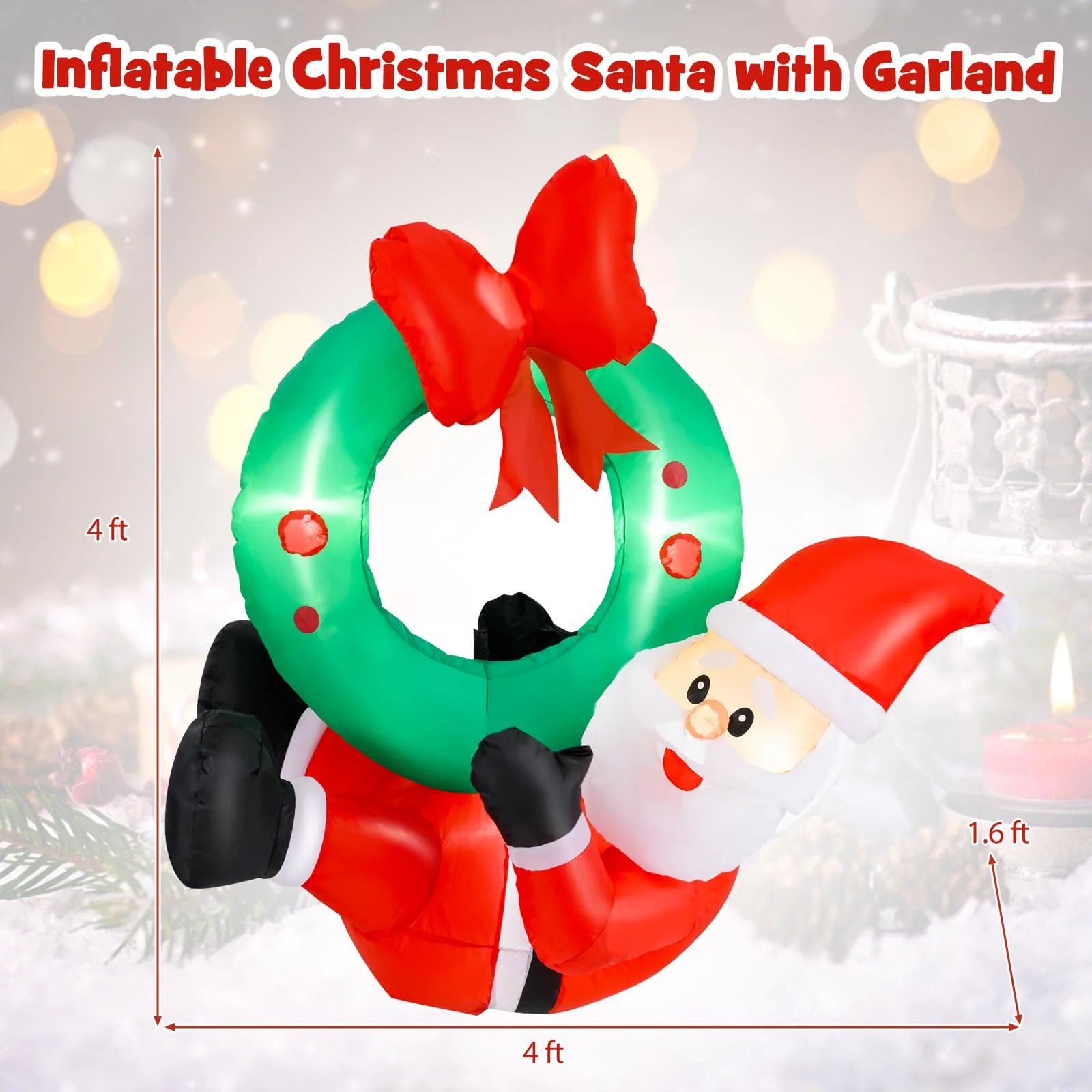 Goplus Christmas Inflatables, 4FT Blow up Santa Claus w/LED Lights & Christmas Wreath - Image 7