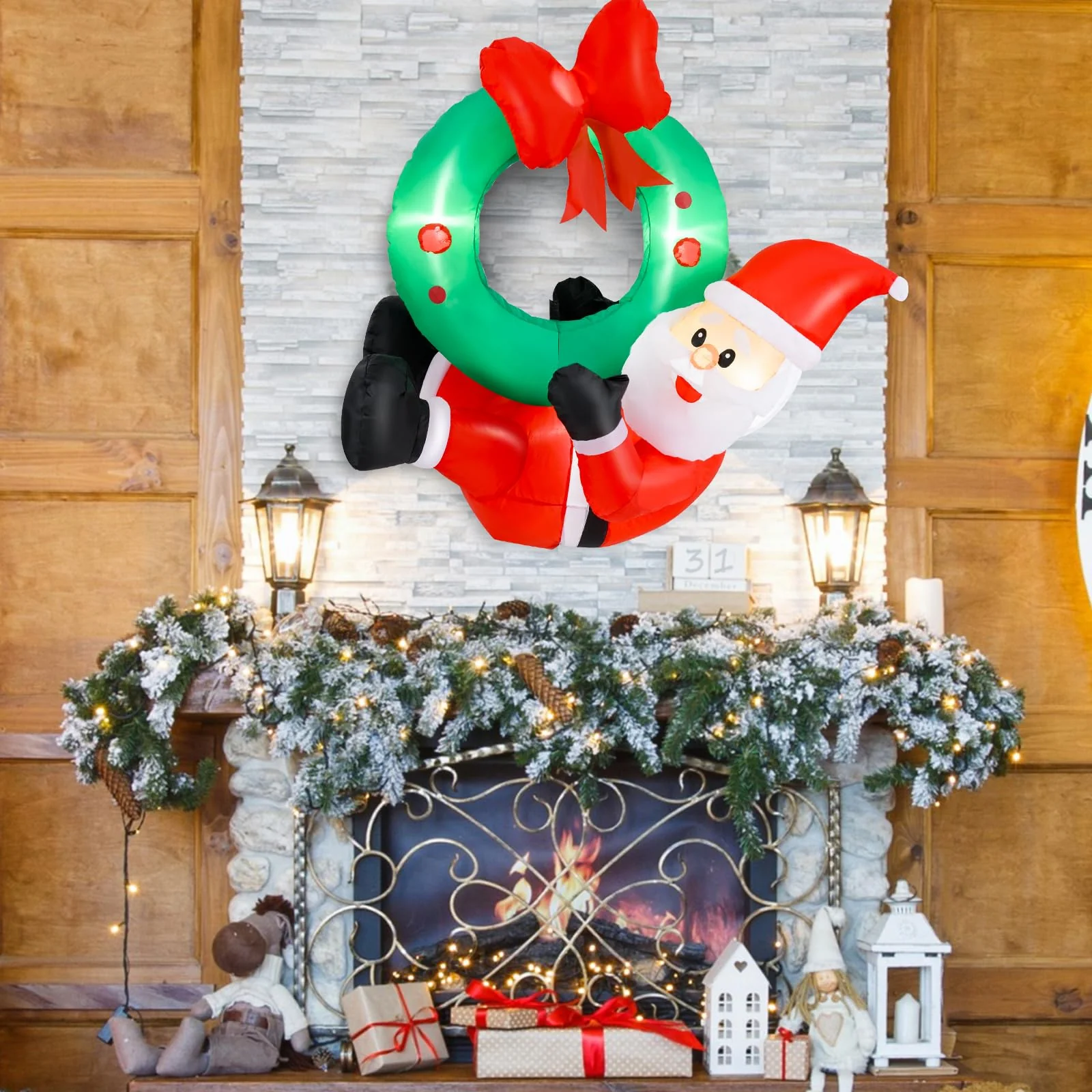 Goplus Christmas Inflatables, 4FT Blow up Santa Claus w/LED Lights & Christmas Wreath - Image 8