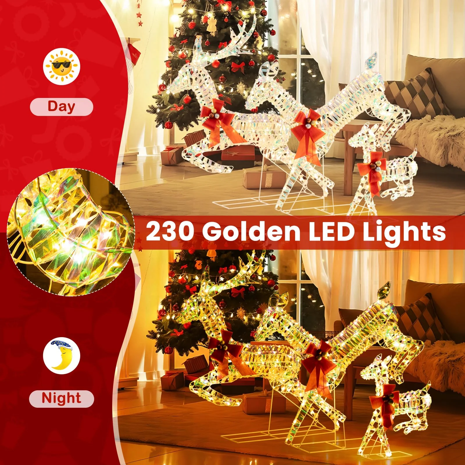 Goplus Christmas Lighted Reindeer, Set of 3 Reindeer Decorations with LED Lights and Red Bows - Image 3