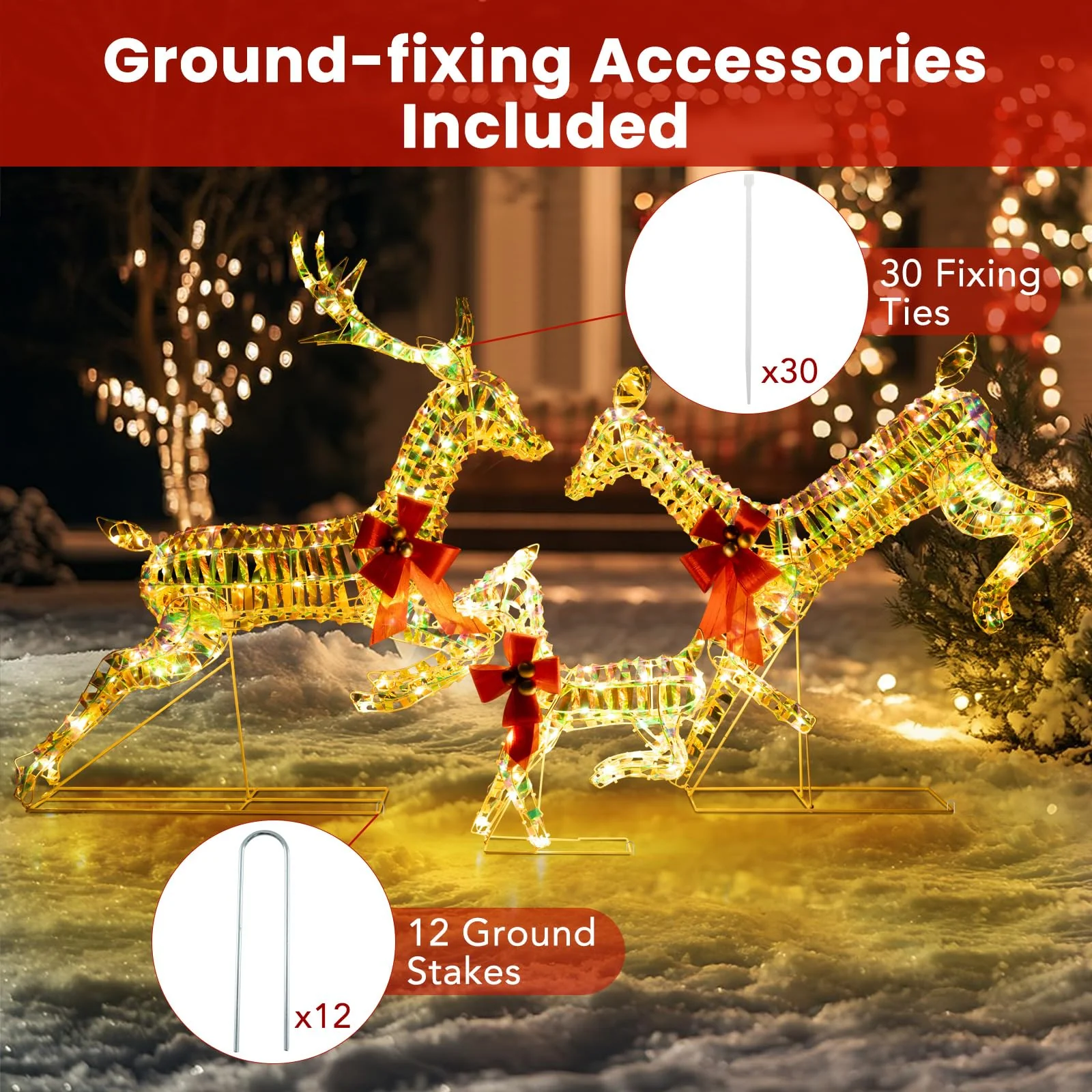 Goplus Christmas Lighted Reindeer, Set of 3 Reindeer Decorations with LED Lights and Red Bows - Image 5