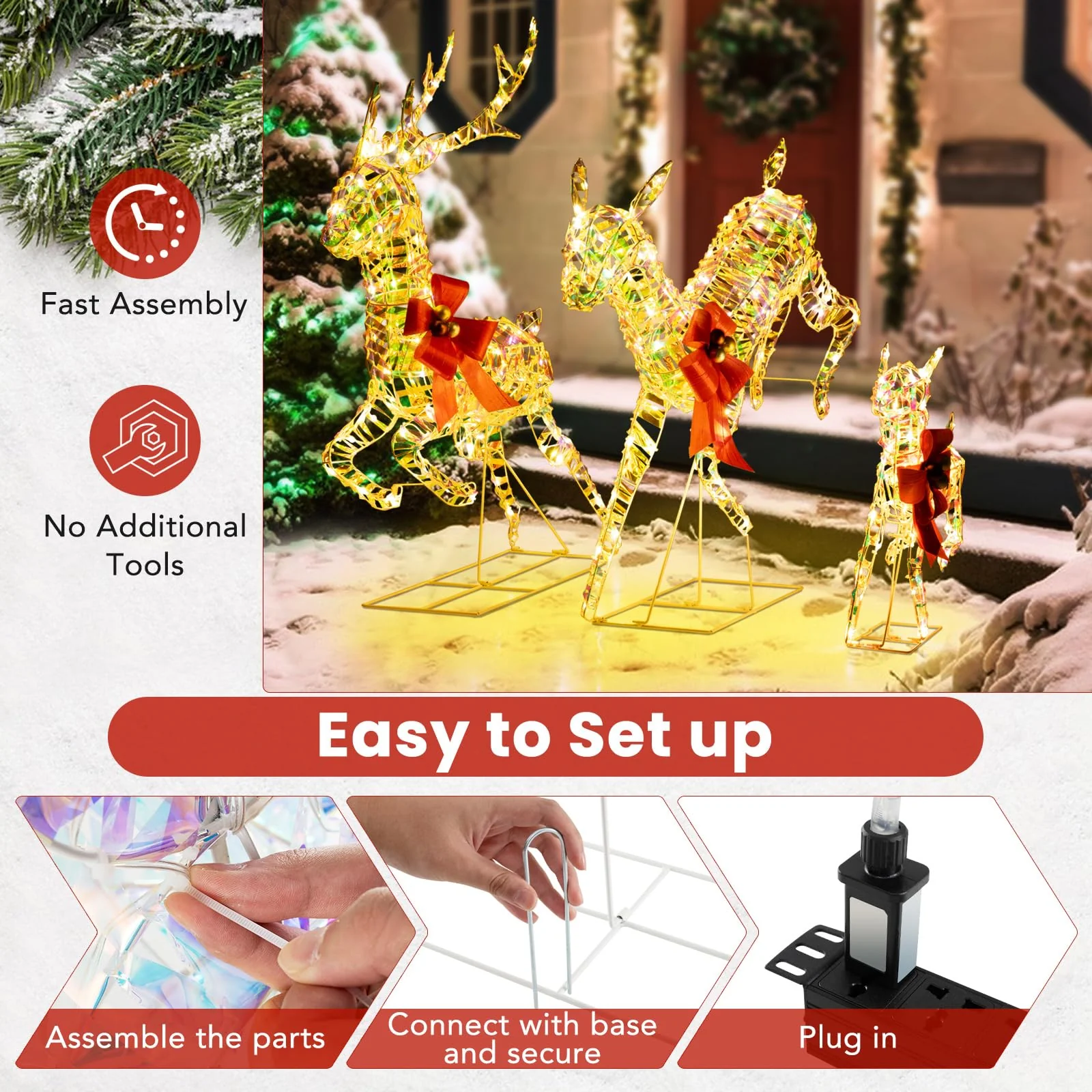 Goplus Christmas Lighted Reindeer, Set of 3 Reindeer Decorations with LED Lights and Red Bows - Image 6