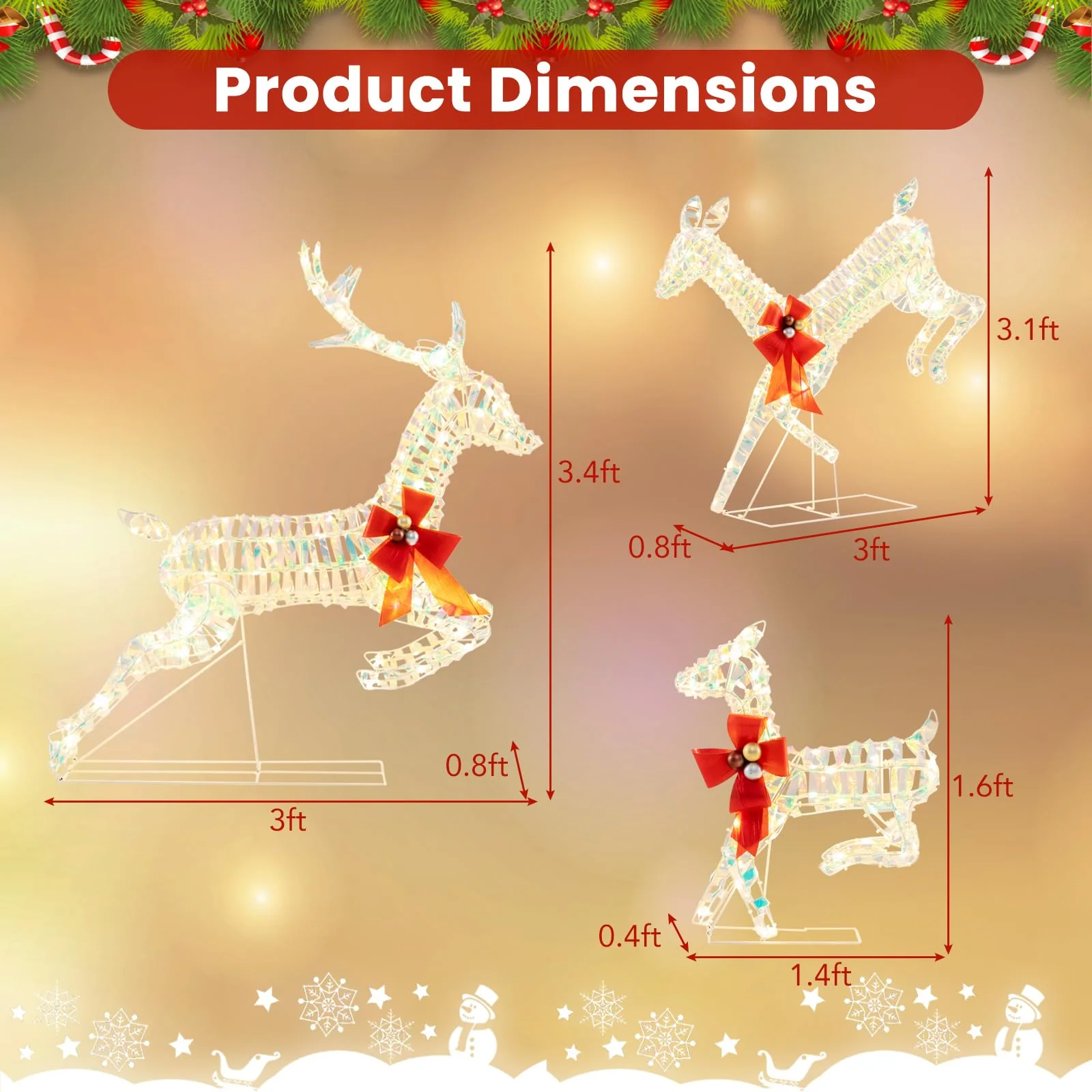 Goplus Christmas Lighted Reindeer, Set of 3 Reindeer Decorations with LED Lights and Red Bows - Image 7