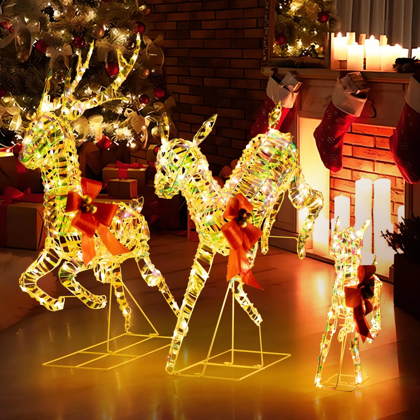 Goplus Christmas Lighted Reindeer, Set of 3 Reindeer Decorations with LED Lights and Red Bows - Image 8