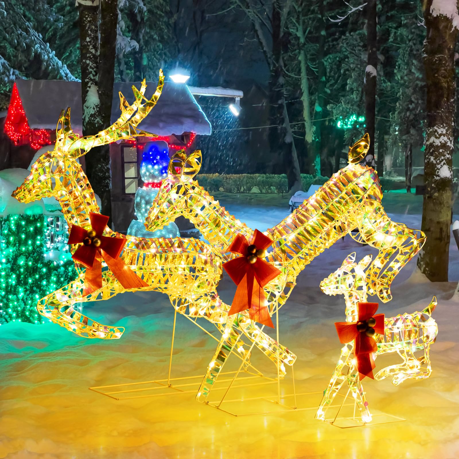 Goplus Christmas Lighted Reindeer, Set of 3 Reindeer Decorations with LED Lights and Red Bows - Image 9