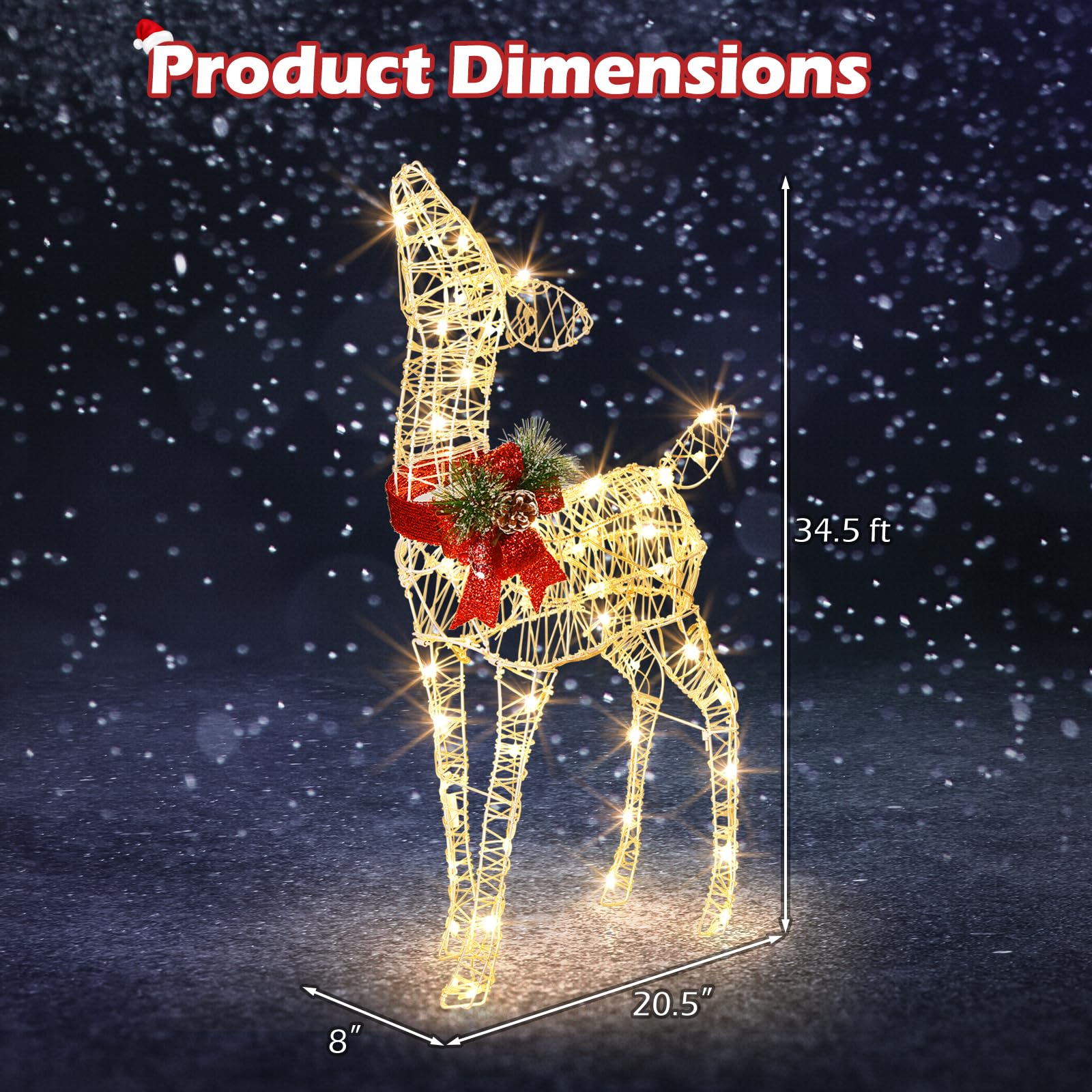 Goplus Christmas Pre-Lit Reindeer, Lighted Baby Deer w/ 50 Warm White LED Lights & Red Bow - Image 2