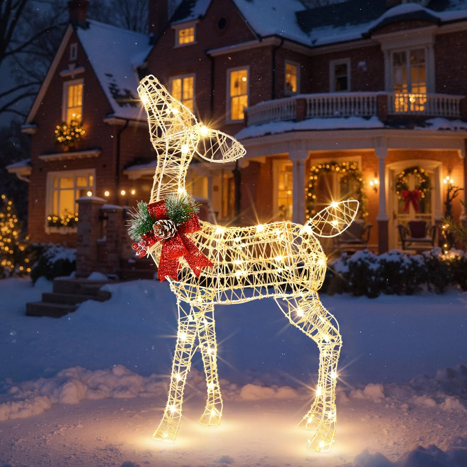 Goplus Christmas Pre-Lit Reindeer, Lighted Baby Deer w/ 50 Warm White LED Lights & Red Bow - Image 3
