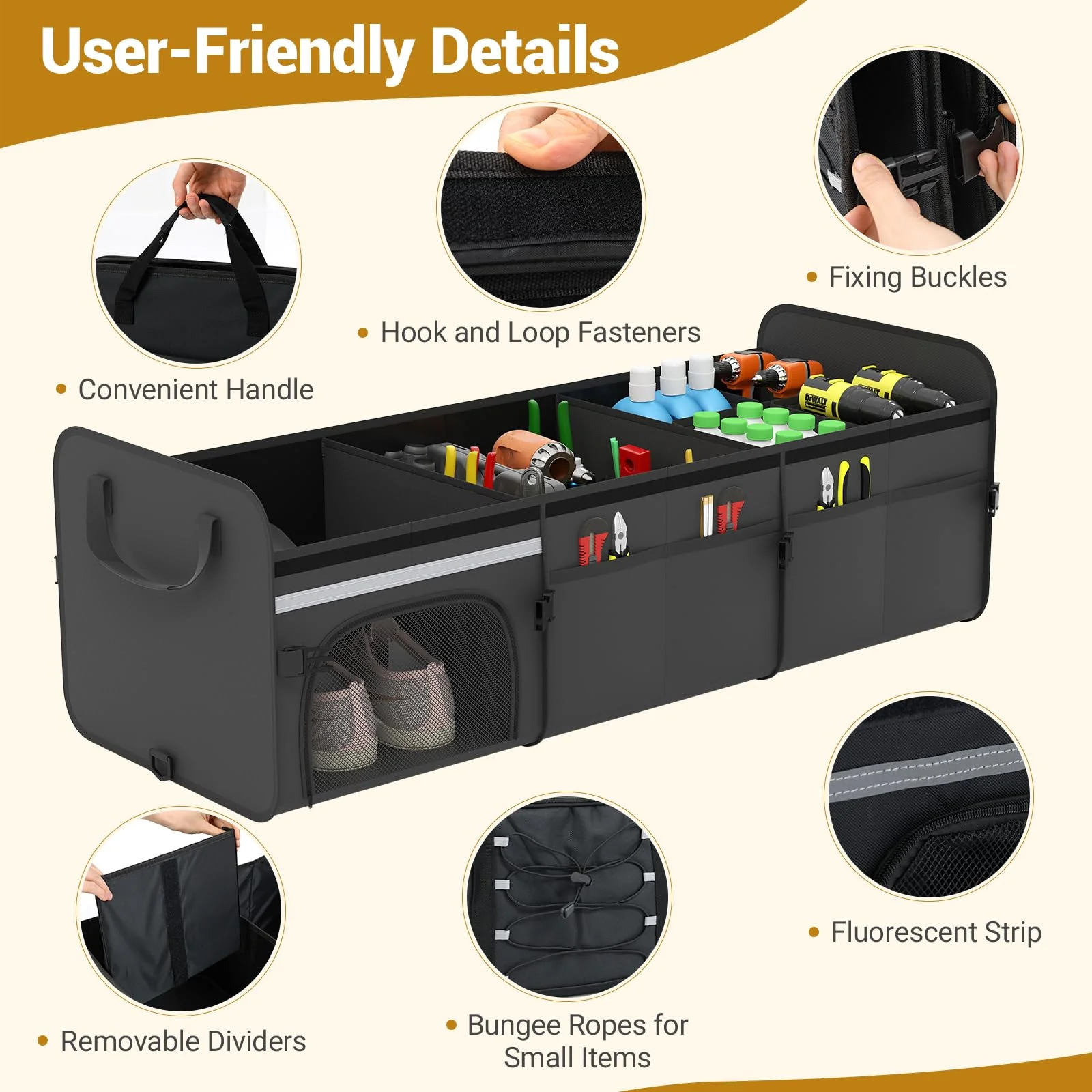 Goplus Collapsible Trunk Organizer, Multi Compartment Car Storage with Removable Lid - Image 4