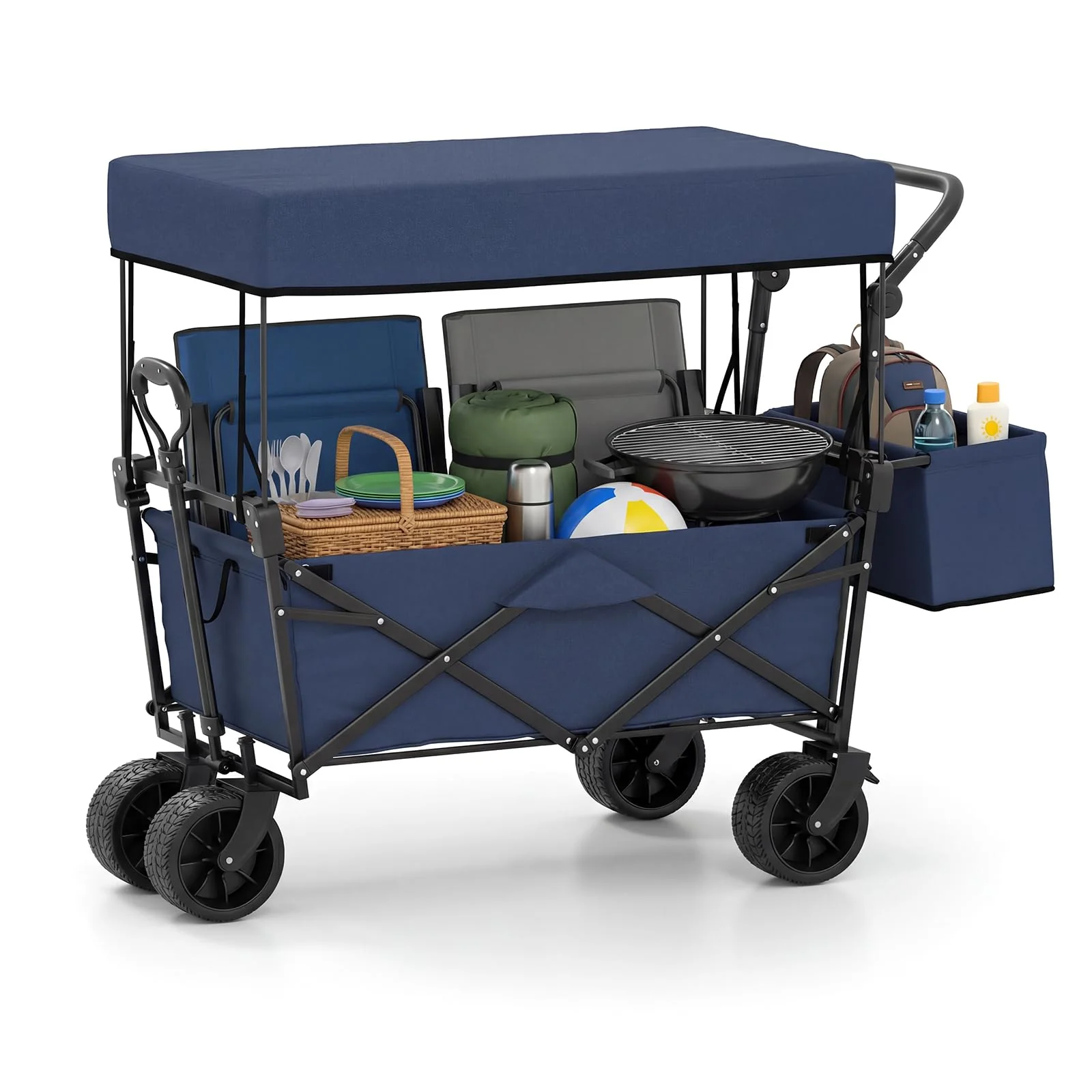 Goplus Collapsible Wagon w/Canopy Adjustable Handles & Detachable Storage Bag