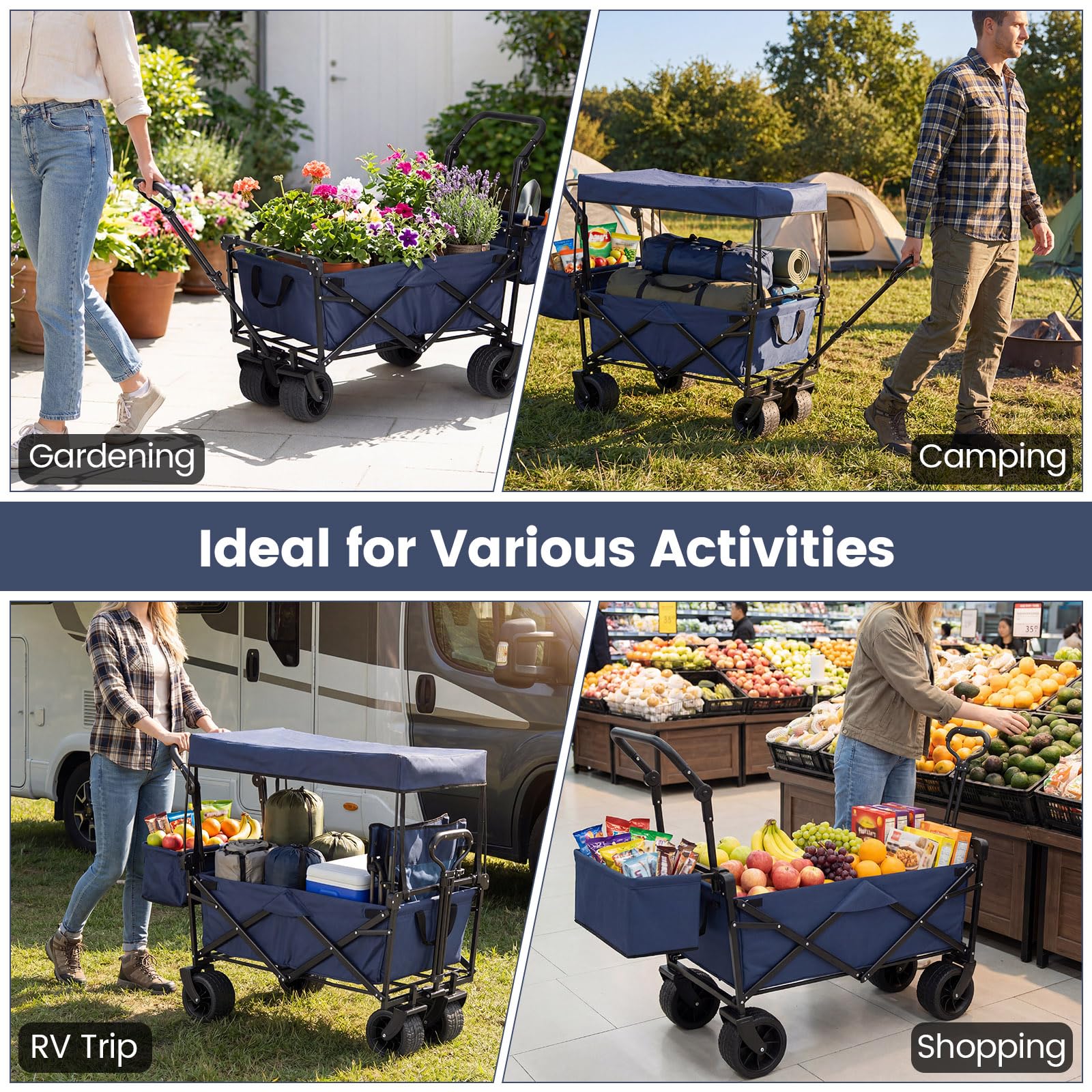 Goplus Collapsible Wagon w/Canopy Adjustable Handles & Detachable Storage Bag - Image 4