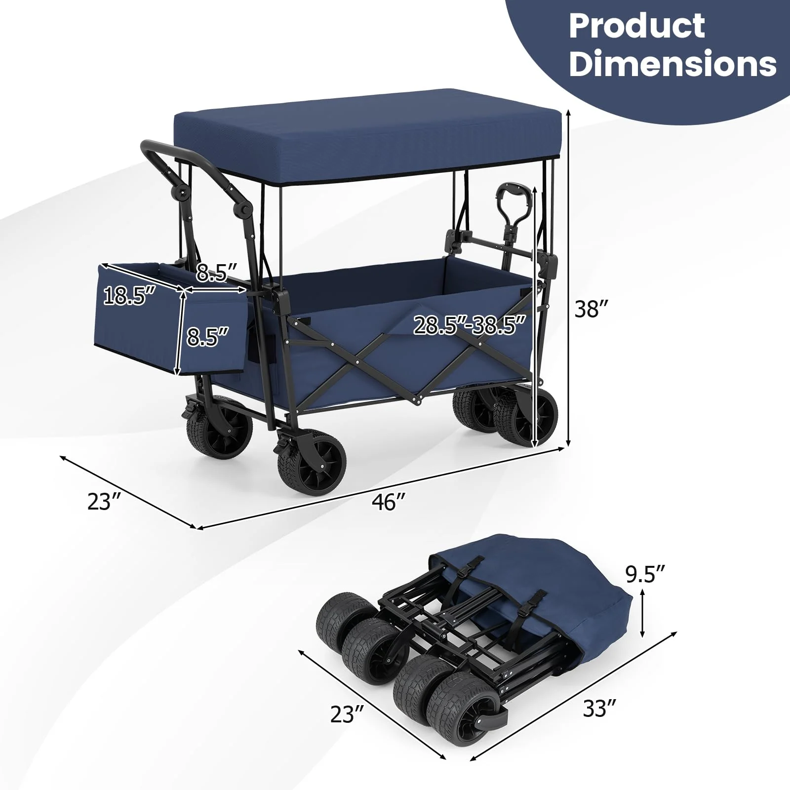 Goplus Collapsible Wagon w/Canopy Adjustable Handles & Detachable Storage Bag - Image 6