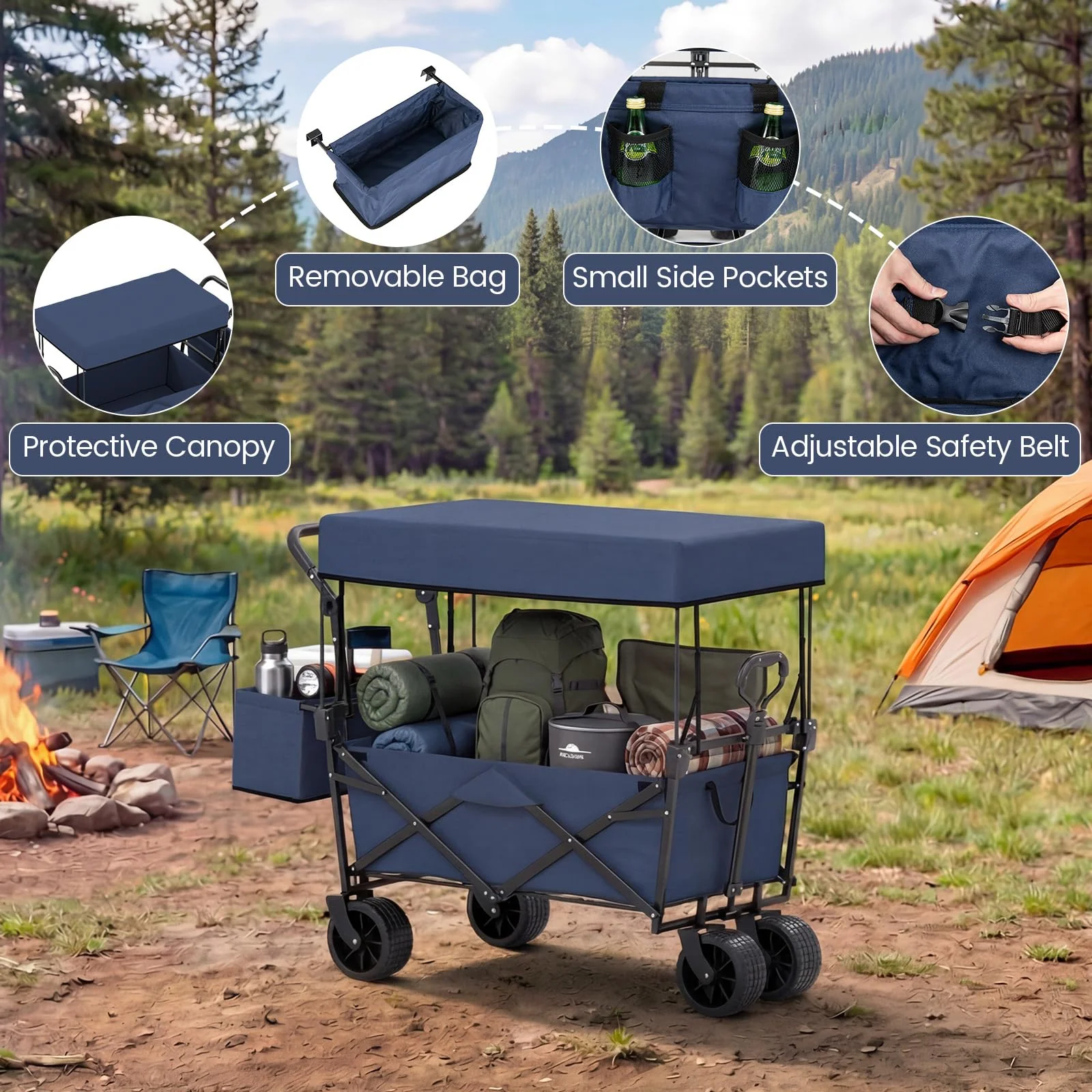 Goplus Collapsible Wagon w/Canopy Adjustable Handles & Detachable Storage Bag - Image 8