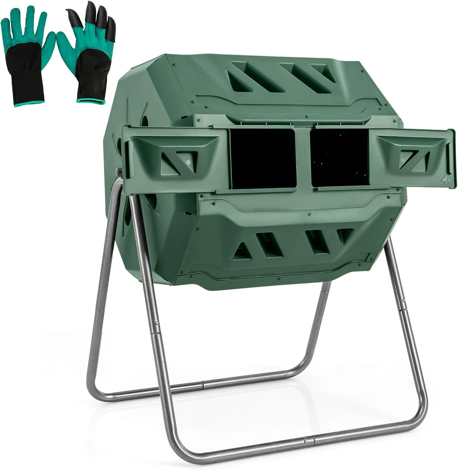 Goplus Compost Bin, 42-Gal Dual Chamber Composting Tumbler w/2 Sliding Doors, Heavy-Duty Metal Frame - Image 10