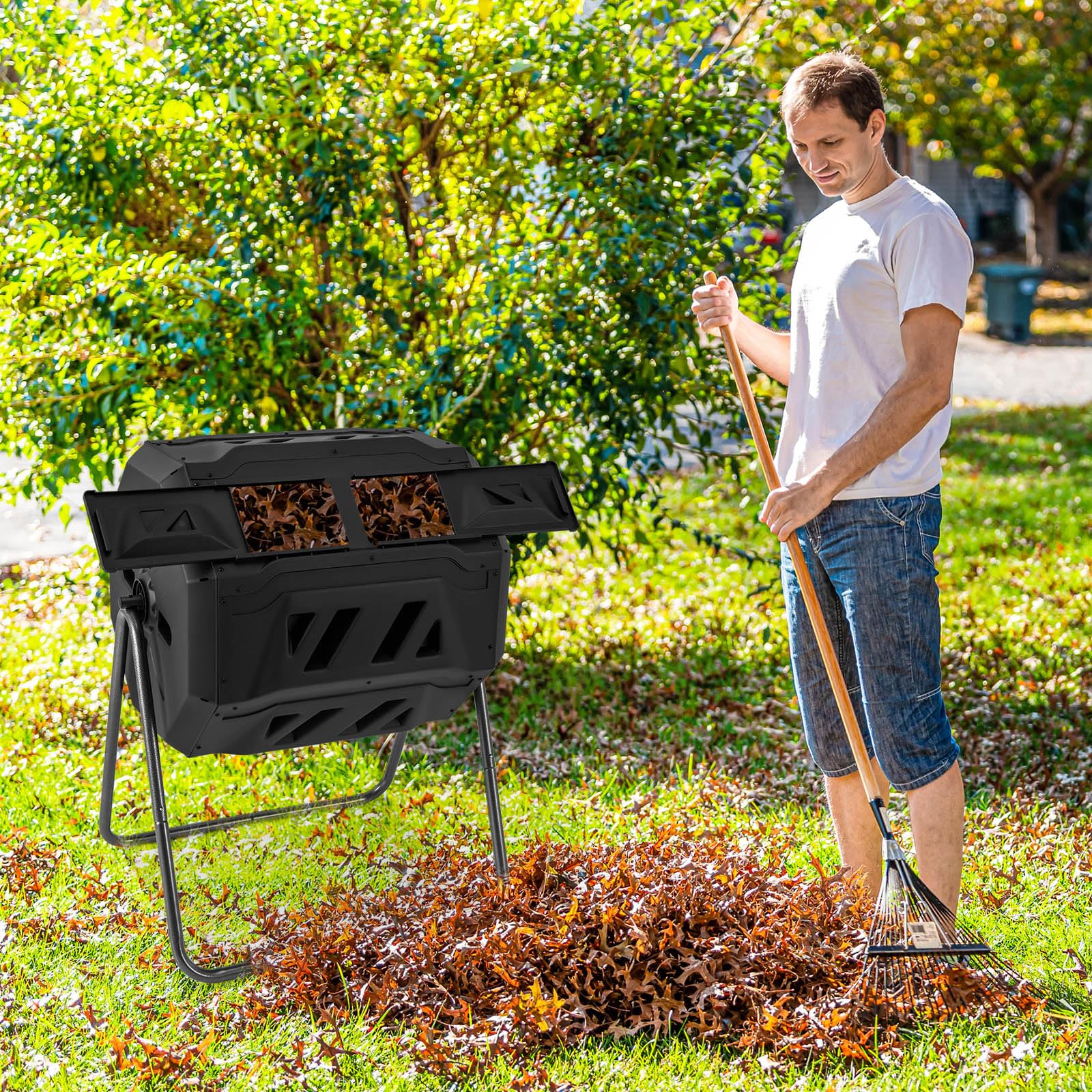 Goplus Compost Bin, 42-Gal Dual Chamber Composting Tumbler w/2 Sliding Doors, Heavy-Duty Metal Frame - Image 2