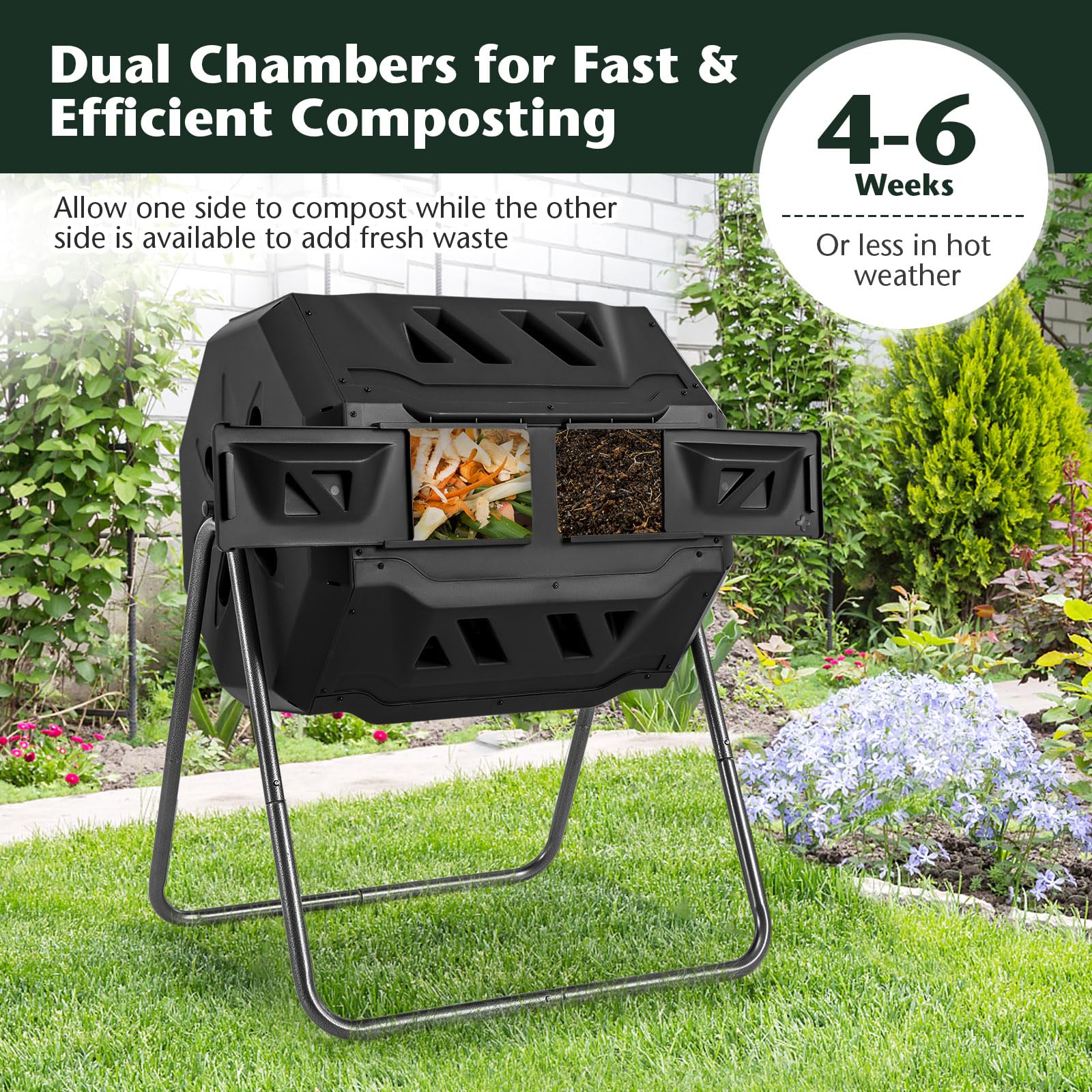 Goplus Compost Bin, 42-Gal Dual Chamber Composting Tumbler w/2 Sliding Doors, Heavy-Duty Metal Frame - Image 3