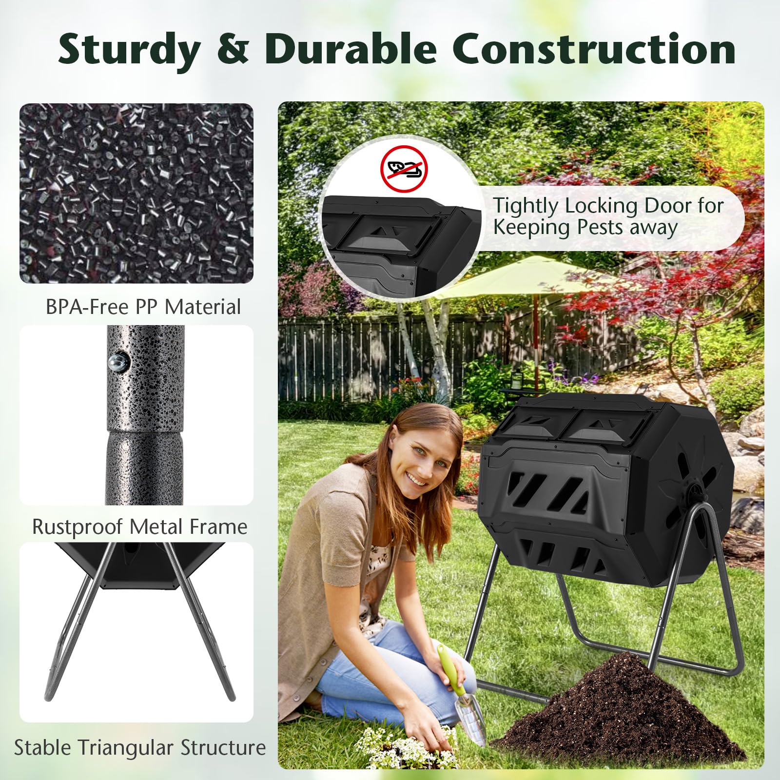 Goplus Compost Bin, 42-Gal Dual Chamber Composting Tumbler w/2 Sliding Doors, Heavy-Duty Metal Frame - Image 6