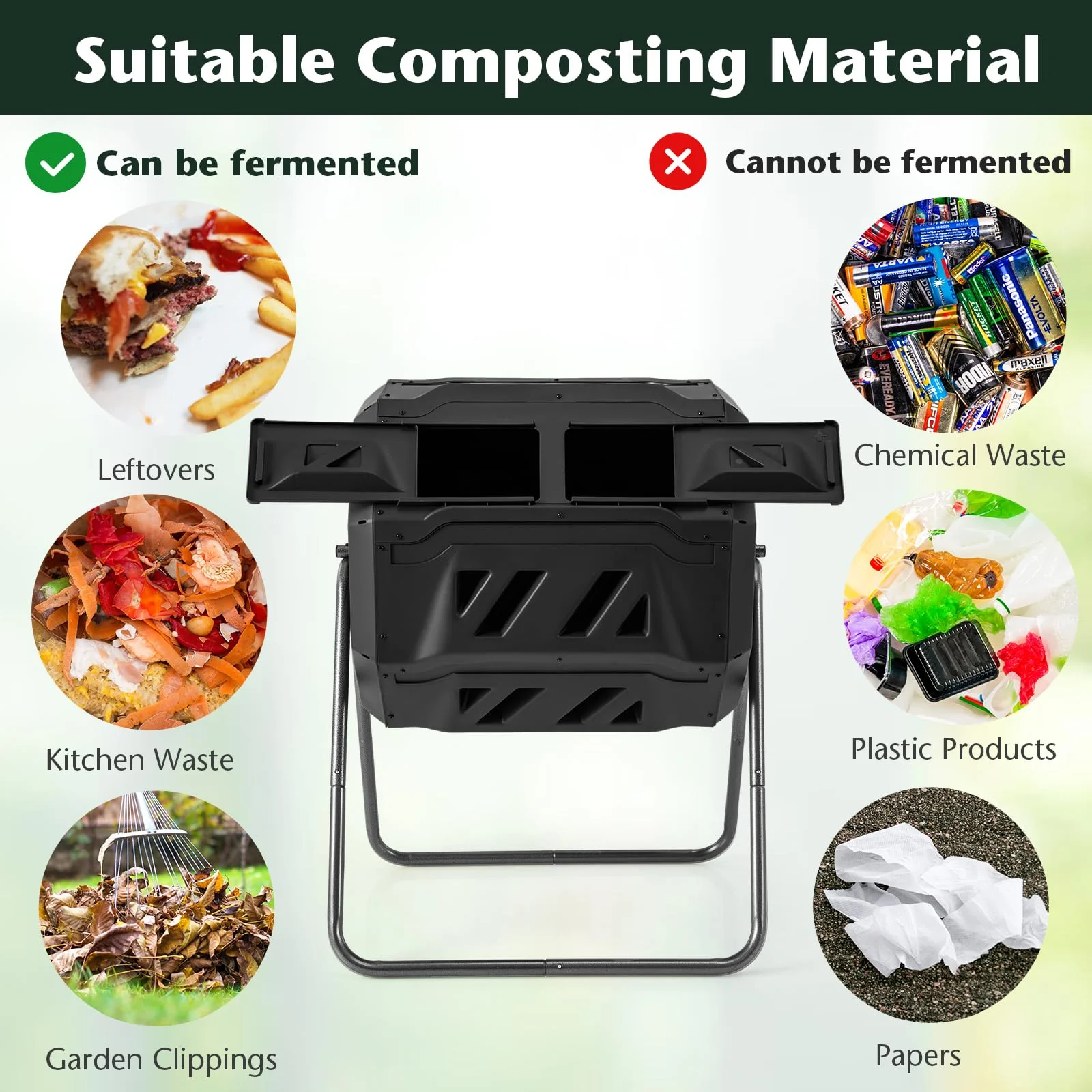 Goplus Compost Bin, 42-Gal Dual Chamber Composting Tumbler w/2 Sliding Doors, Heavy-Duty Metal Frame - Image 8