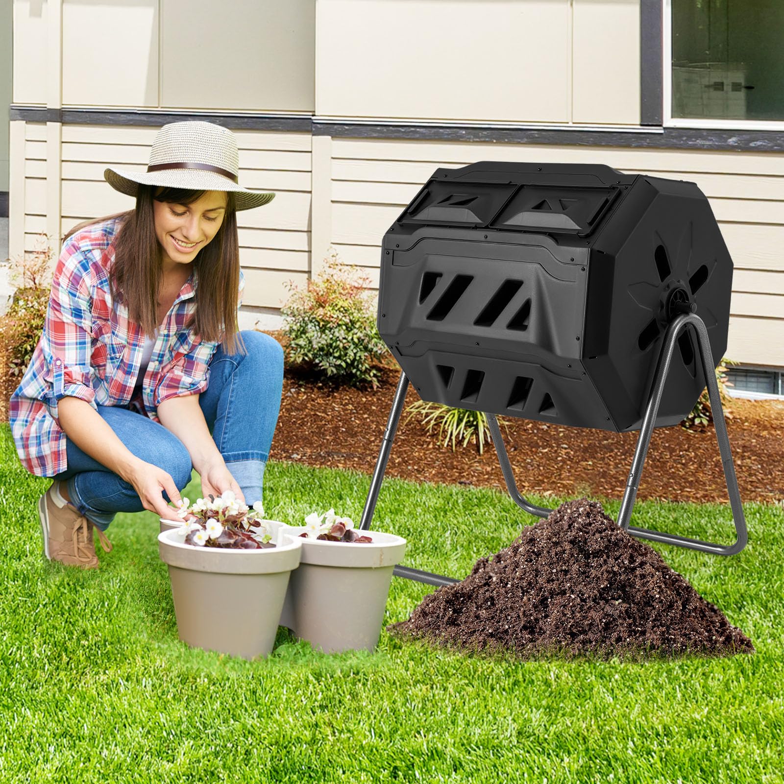 Goplus Compost Bin, 42-Gal Dual Chamber Composting Tumbler w/2 Sliding Doors, Heavy-Duty Metal Frame - Image 9