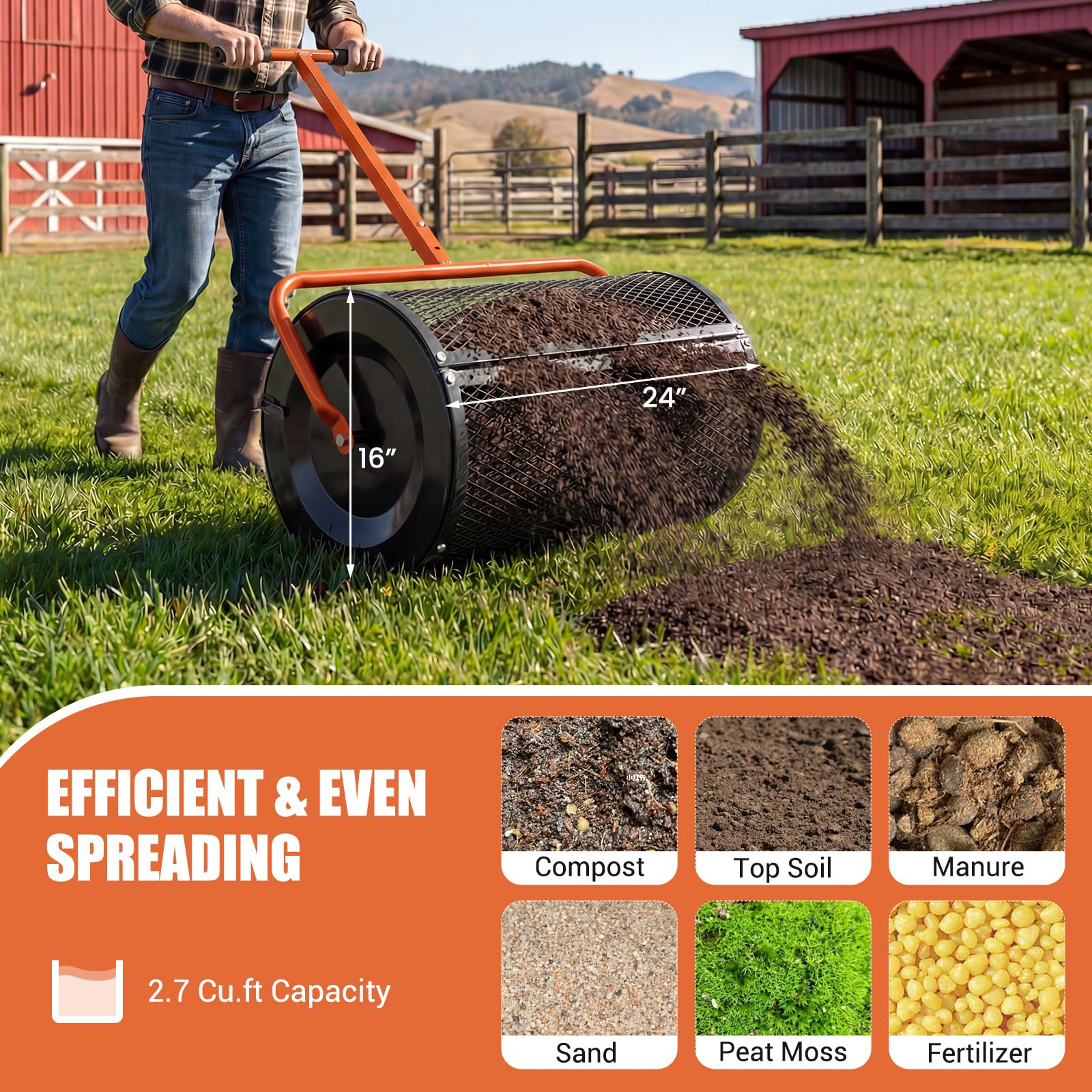 Goplus Compost Spreader 24" Peat Moss Spreader Roller - Image 3