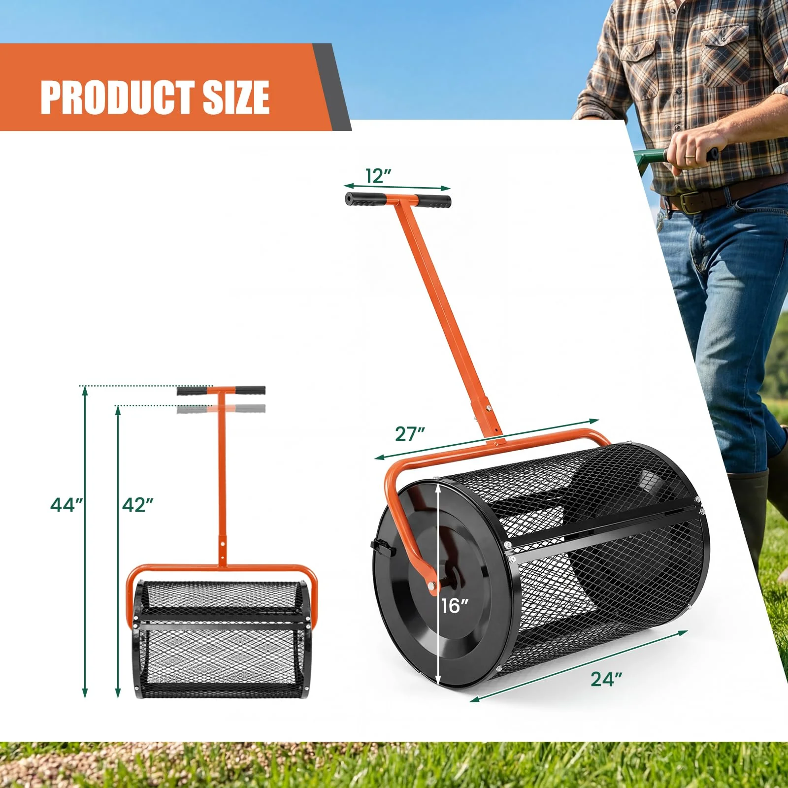Goplus Compost Spreader 24" Peat Moss Spreader Roller - Image 4