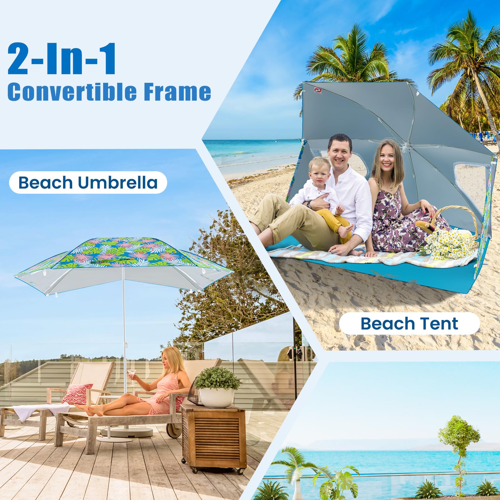 Goplus Convertible Beach Tent for 2-4 People, 2-in-1 Sun Umbrella with Roll-Up Windows, Dual Side Flaps - Image 2