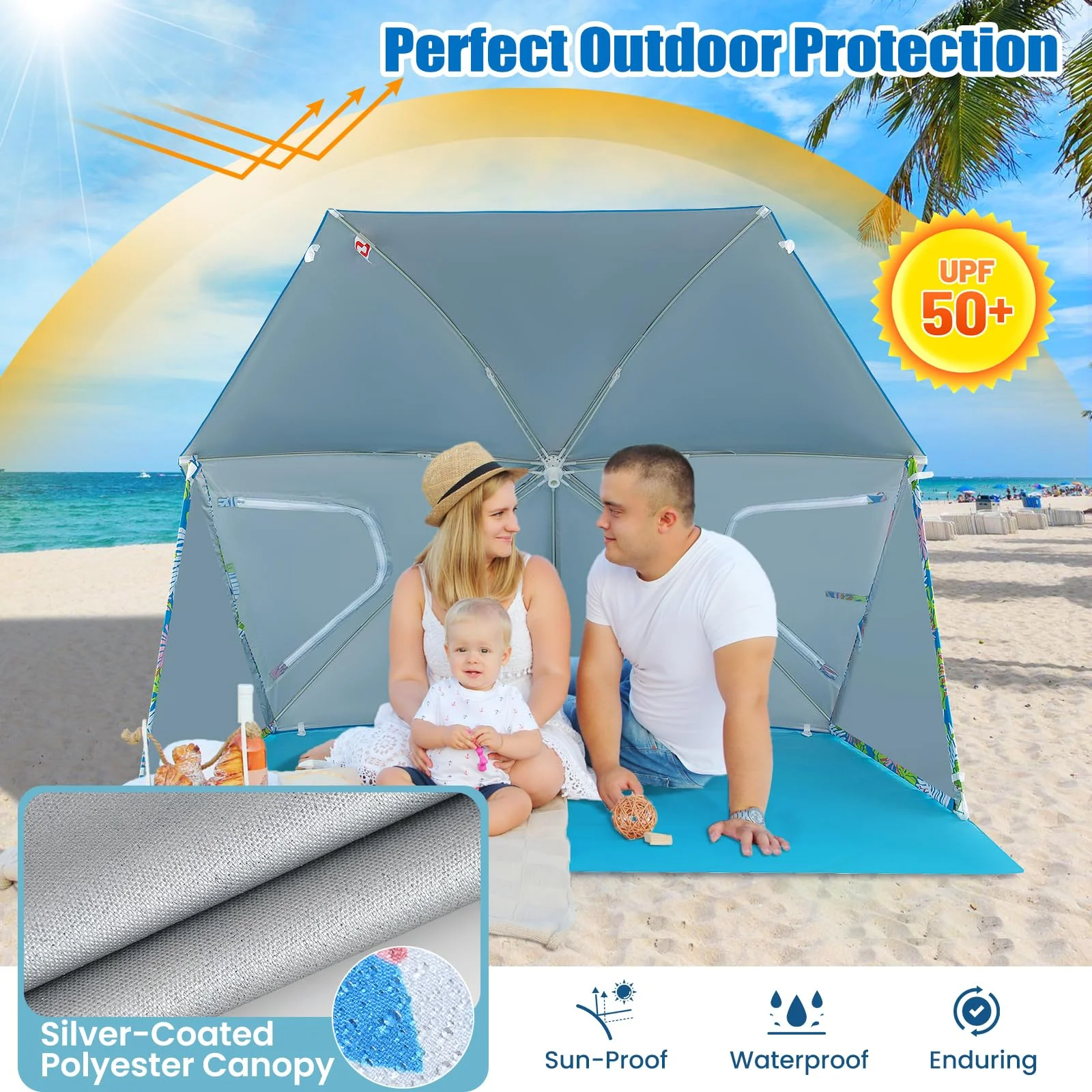 Goplus Convertible Beach Tent for 2-4 People, 2-in-1 Sun Umbrella with Roll-Up Windows, Dual Side Flaps - Image 3