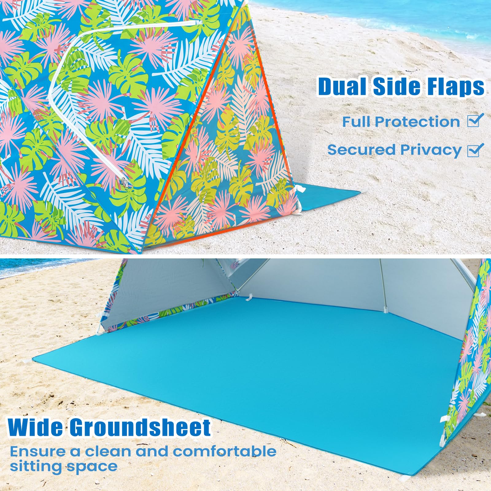 Goplus Convertible Beach Tent for 2-4 People, 2-in-1 Sun Umbrella with Roll-Up Windows, Dual Side Flaps - Image 4